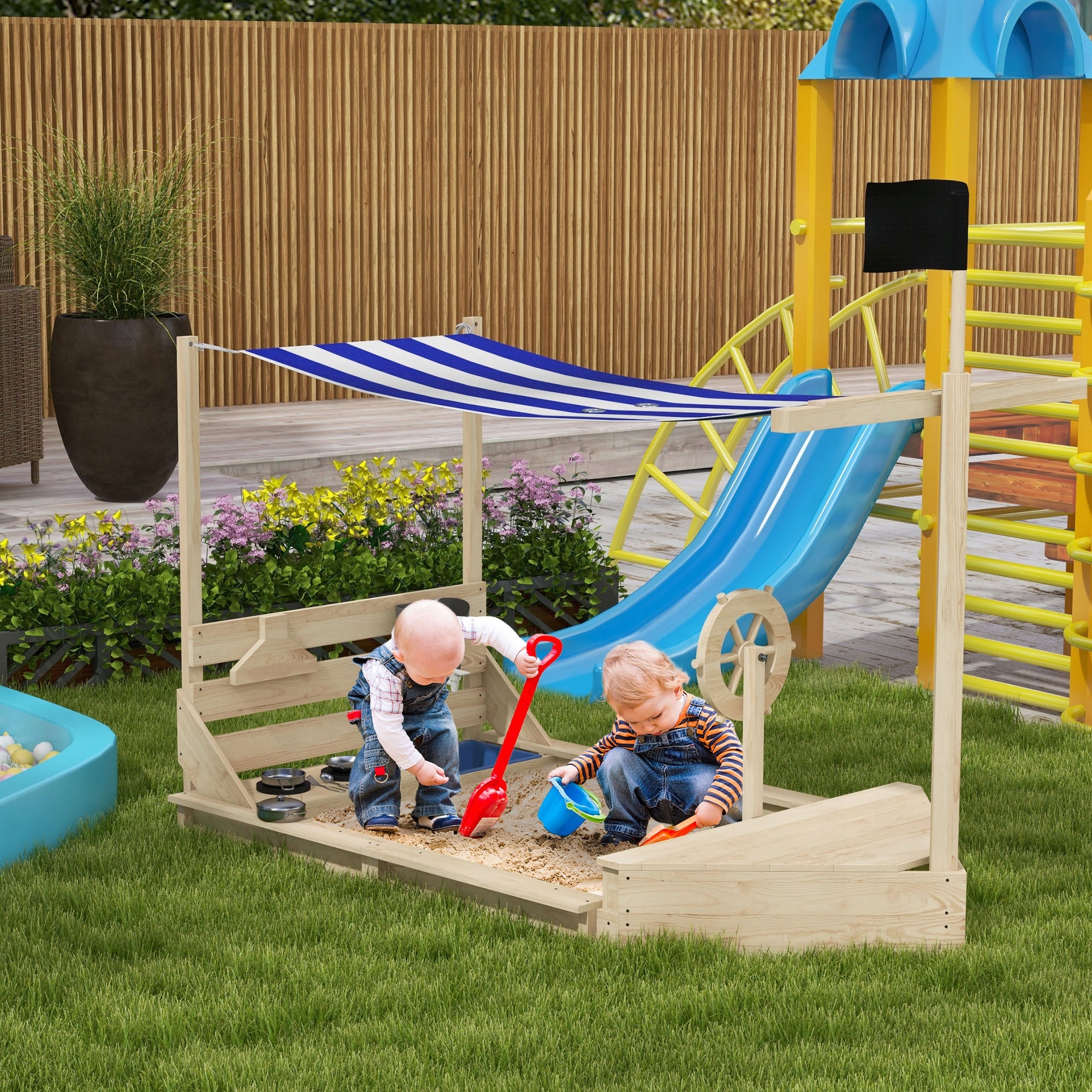 Sandbox with sun visor in the shape of a pirate ship Kind wooden