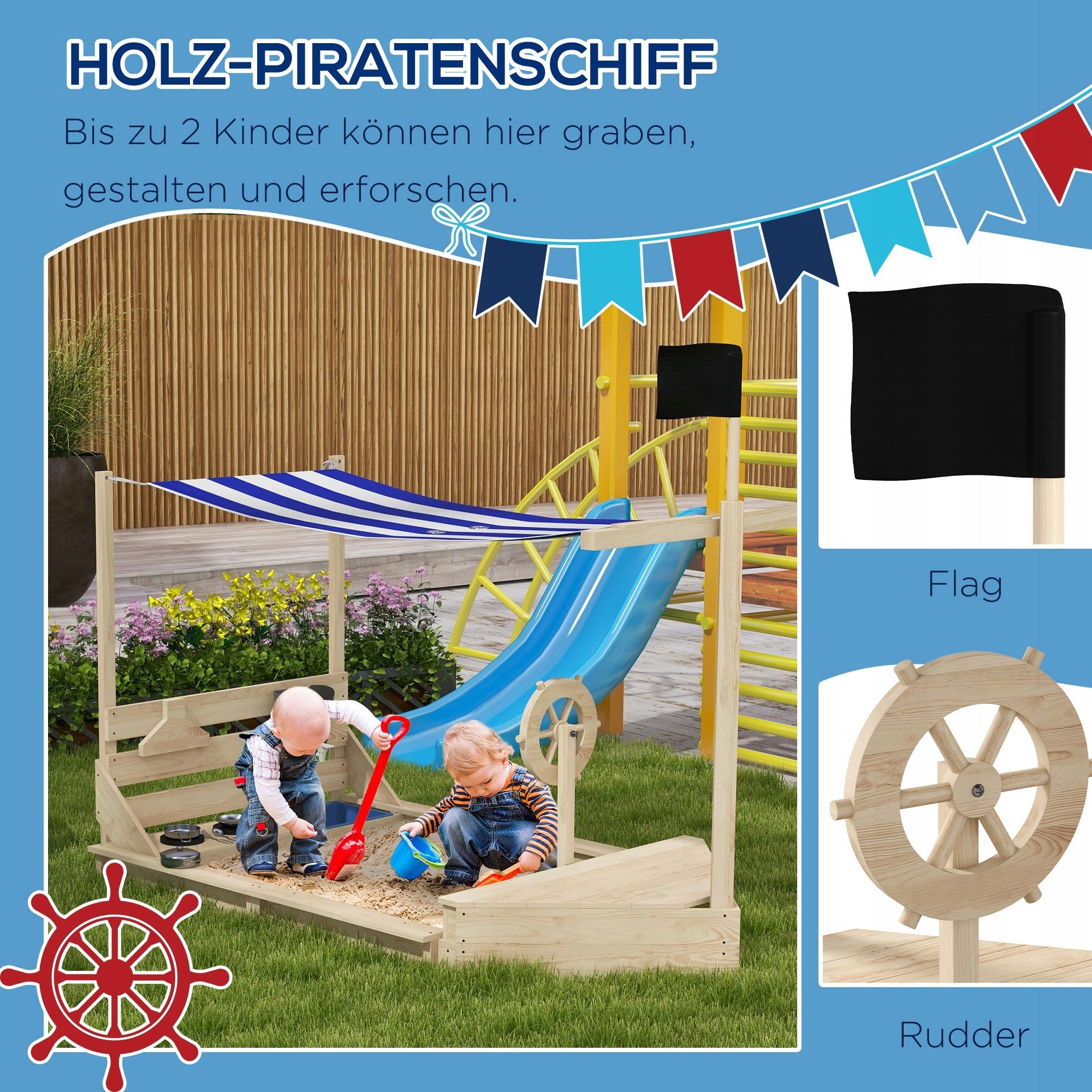 Sandbox with sun visor in the shape of a pirate ship Length 180 cm