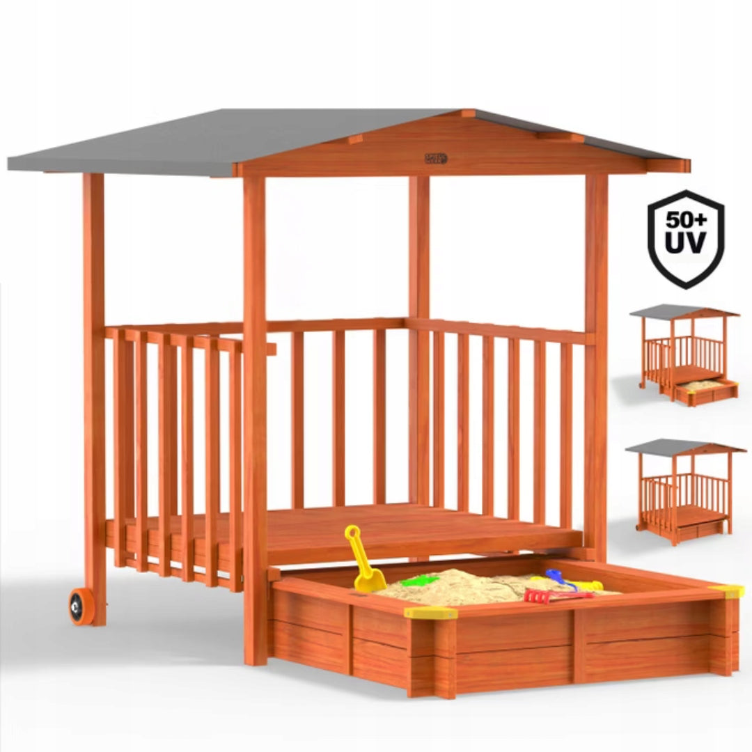 Sandbox with veranda SUNNY, 130x130x143cm, brown/grey Kind wooden