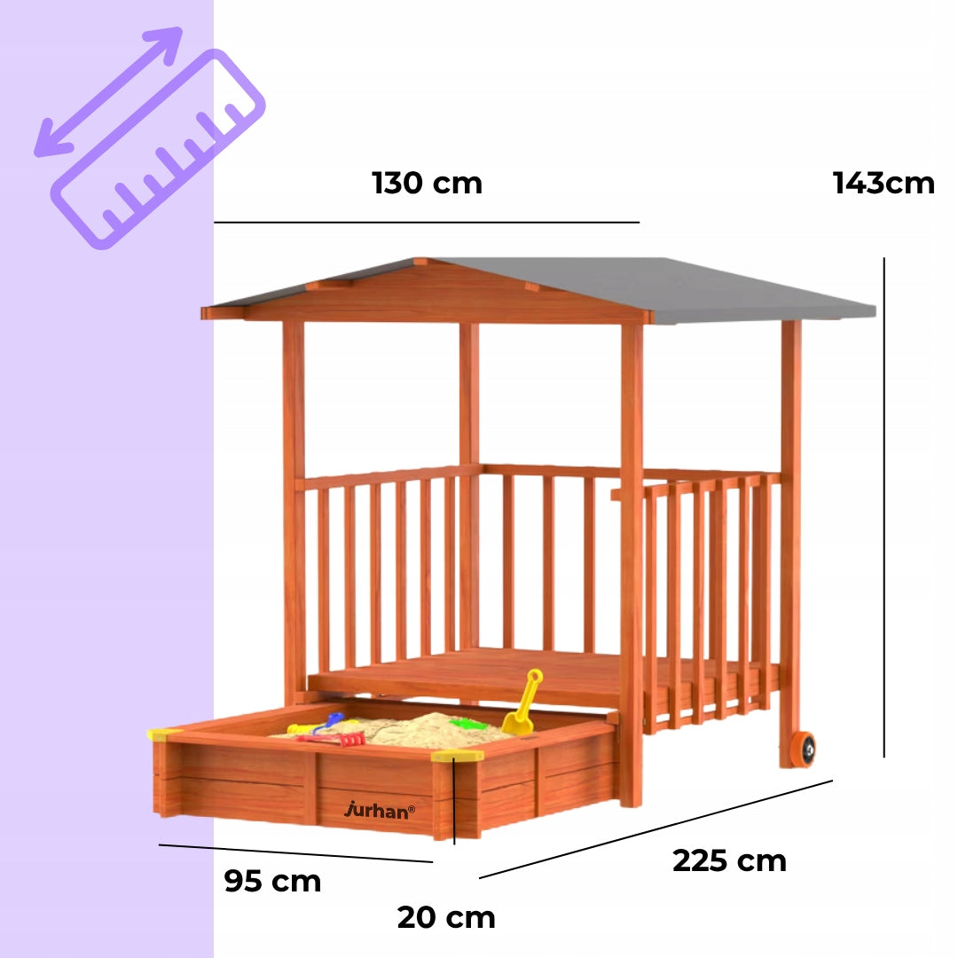 Sandbox with veranda SUNNY, 130x130x143cm, brown/grey Length 225 cm