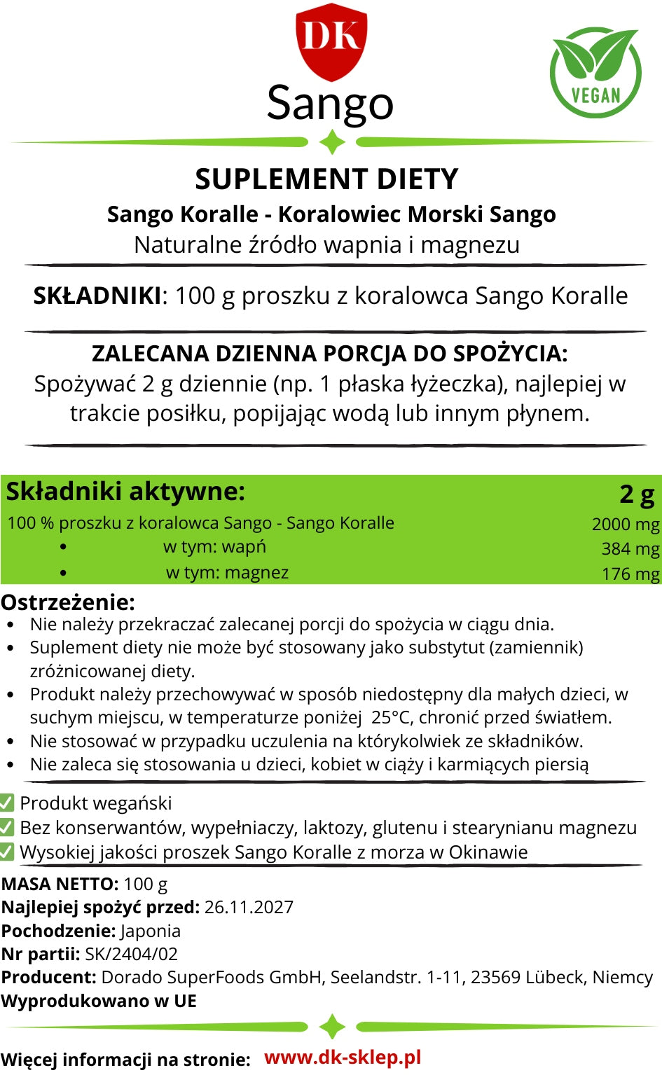 Sango Marine Coral Powder 100g Calcium Magnesium Minerals Contractions Joints Vitamins Expiration date at least 1 year from the date of purchase