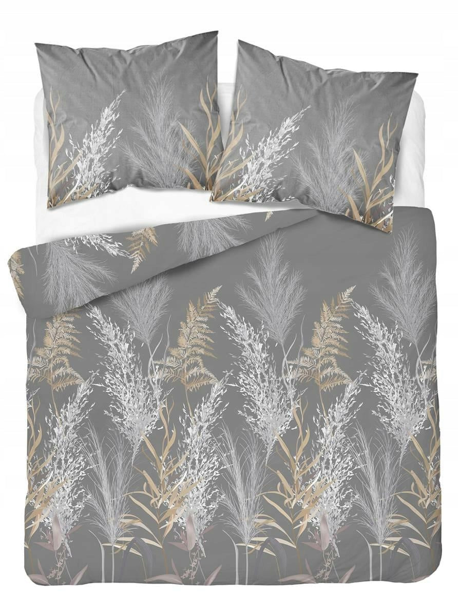 Satin bedding 160x200 grey dark white beige stem leaves Home Satin