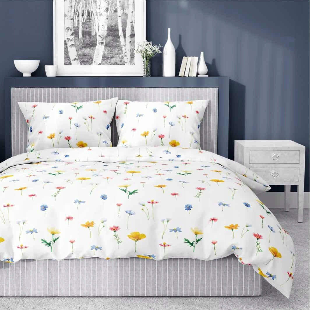 Satin bedding 220x200 - white with colorful field flowers - Satin Stories Packaging status original