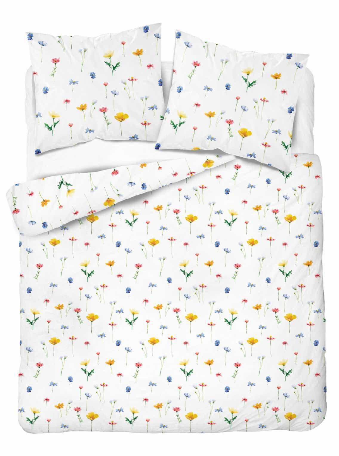 Satin bedding 220x200 - white with colorful field flowers - Satin Stories