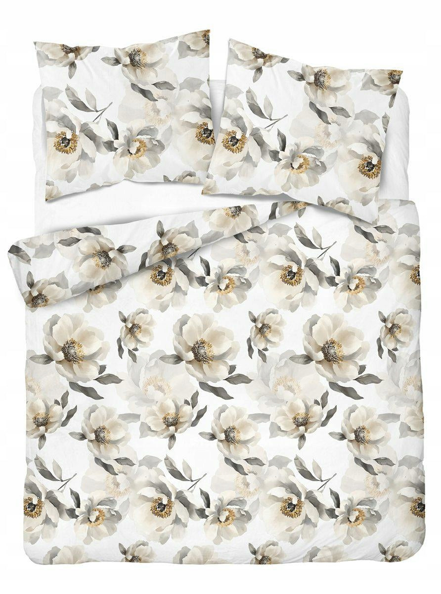 Satin bedding 220x200 white with large cream flowers Botanica Satin