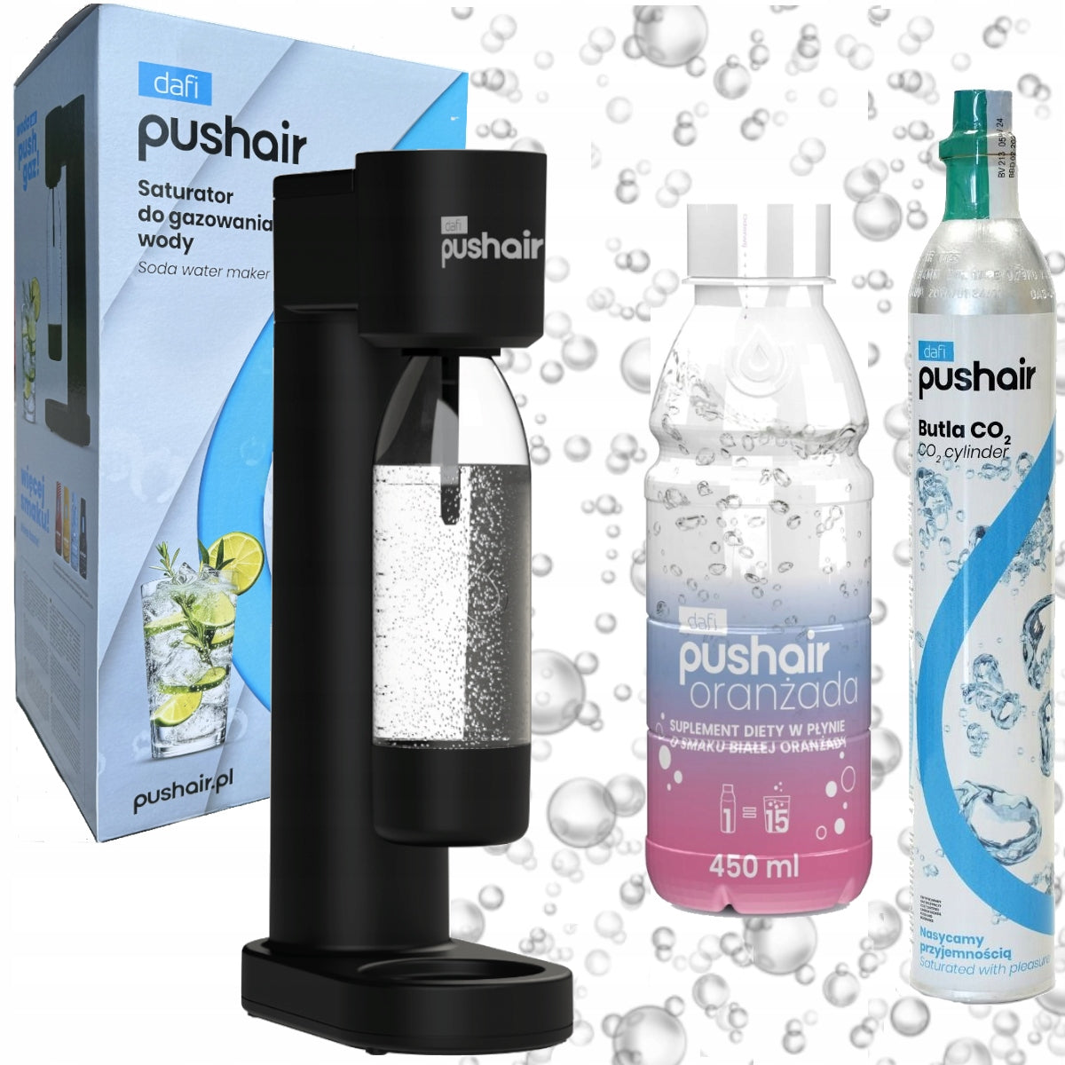 Saturator Dafi PushAir SATCZ1BS + CO2 gas cartridge + 0,7L bottle + Syrup Packaging status original