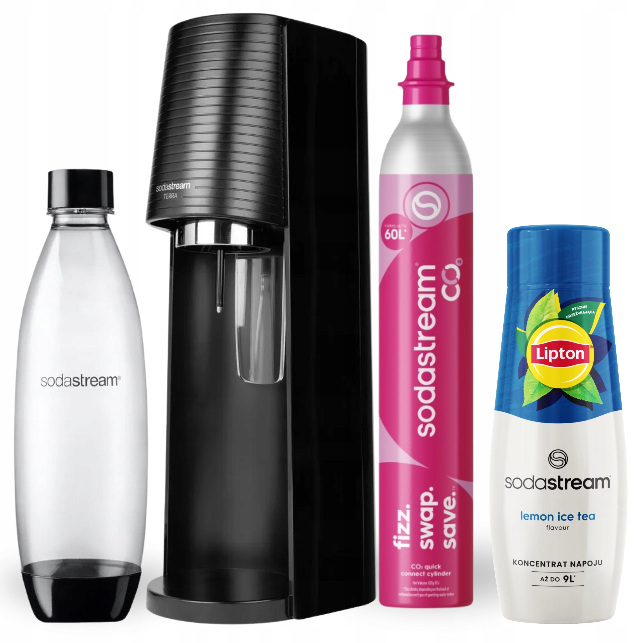Saturator SodaStream TERRA Black + 1L Bottle + Lipton Ice Tea Lemon Syrup