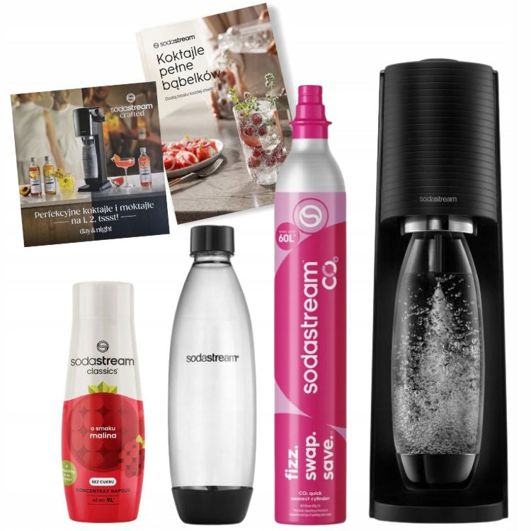 Saturator SodaStream Terra black 1 bottle + syrup Raspberry 440ml, 2 books