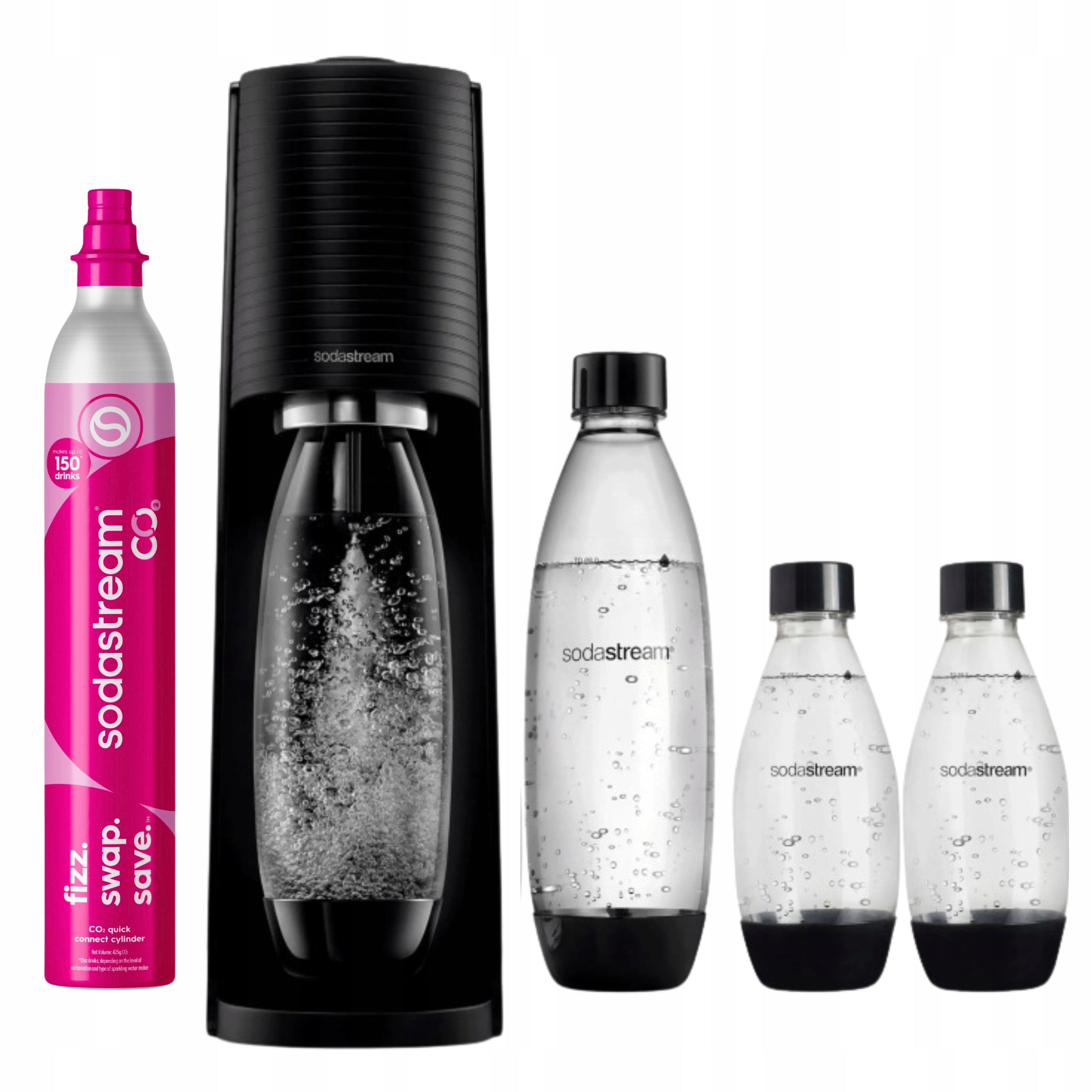 Saturator SodaStream Terra black + 3 bottles: 1x1L + 2x 0,5L, 2x CO2 cartridge Packaging status original