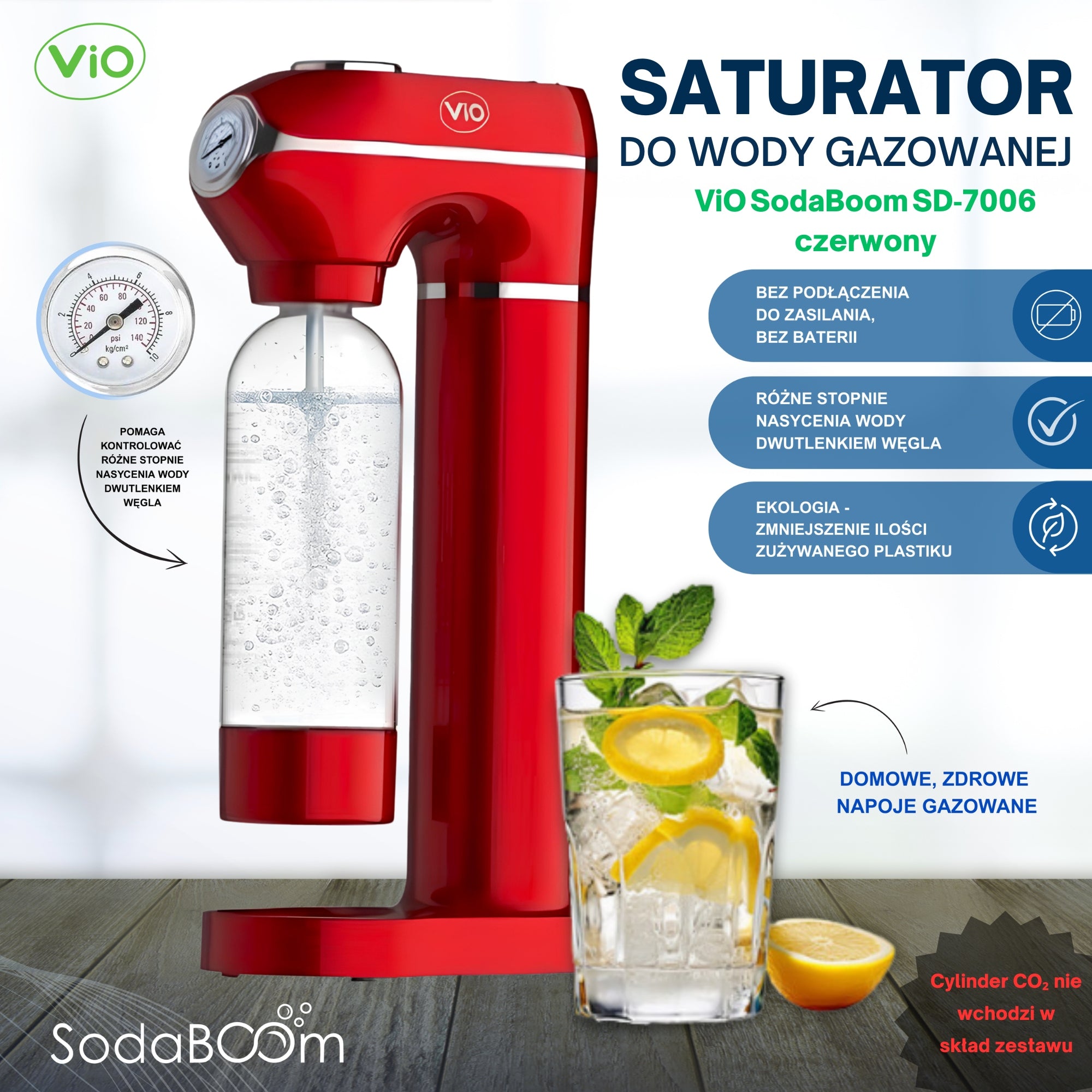 Saturator for sparkling water ViO SodaBoom SD-7006 red with pressure gauge Red Packaging status original