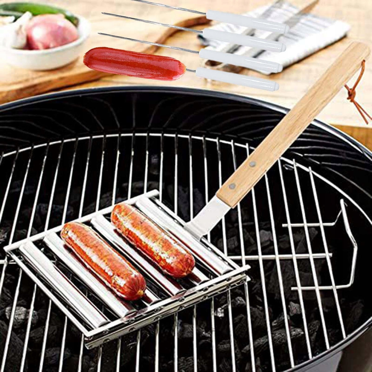 Sausage Roller Rack Wood Handle Nonstick Sausage Grill Cooker With Sticks