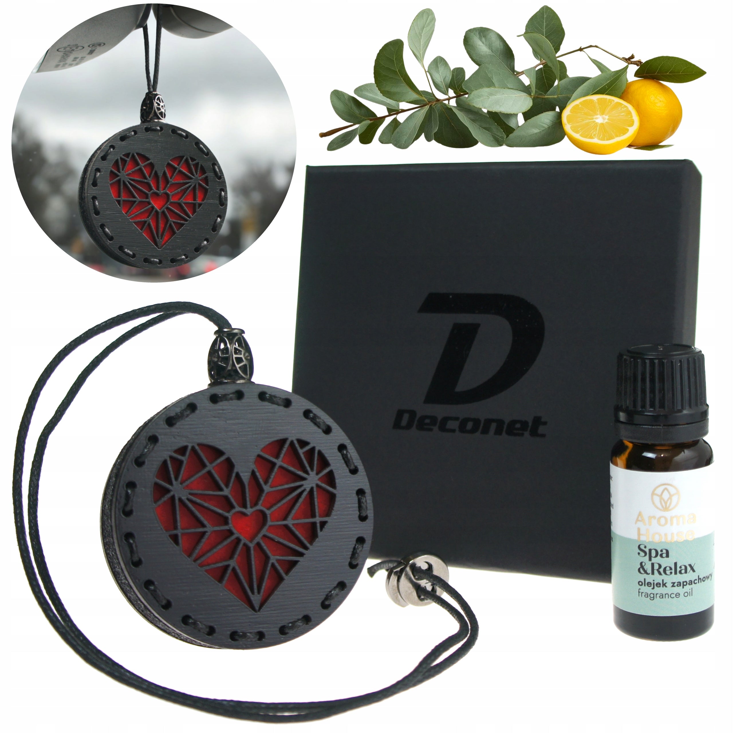 Scent for car wooden pendant with felt Deconet Black - Heart