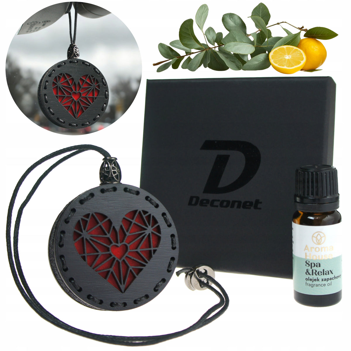 Scent for car wooden pendant with felt Deconet Black - Heart