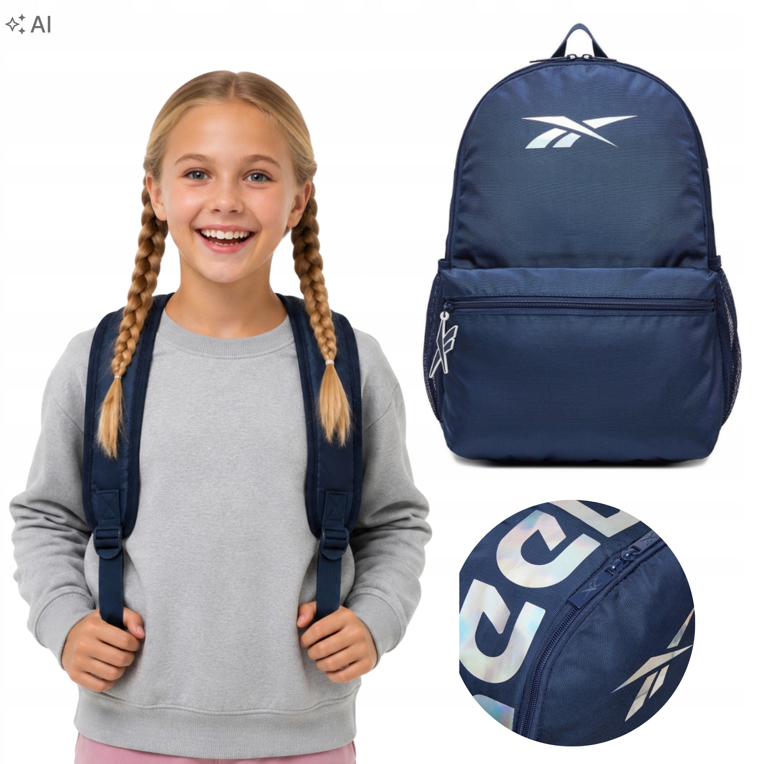 School BACKPACK REEBOK navy blue HOLOGRAM youth logo for girls