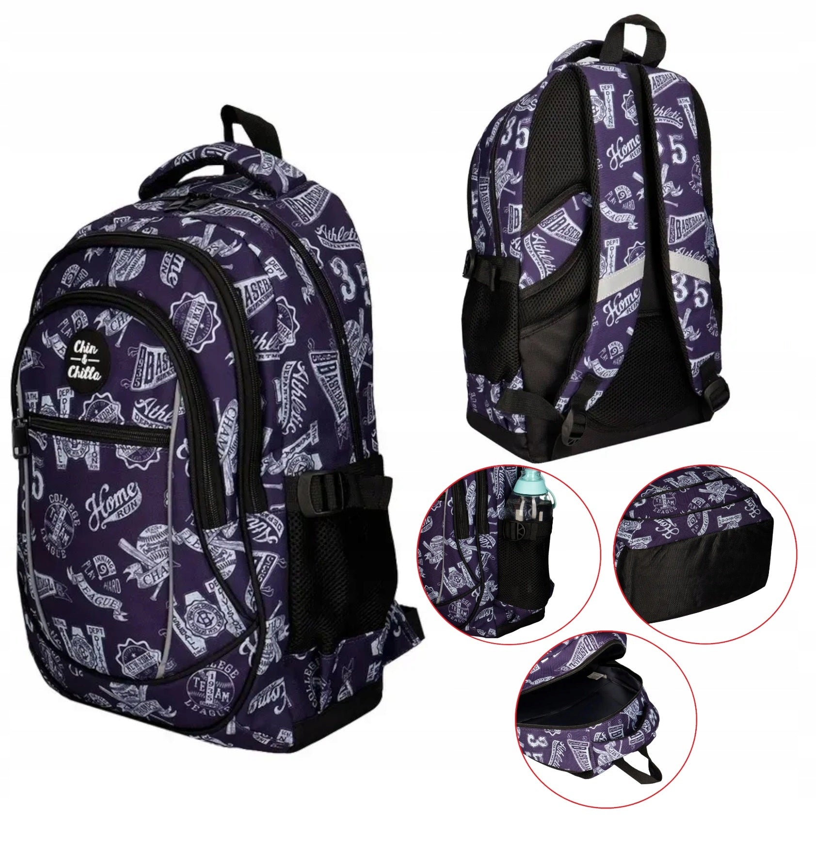 School Backpack 3 Compartments Baseball Incood