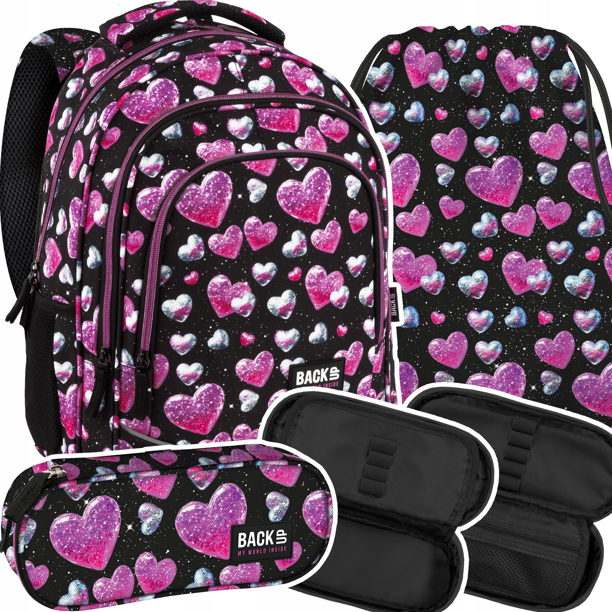 School Backpack BackUP 26L GLITTER HEARTS FOR GIRLS