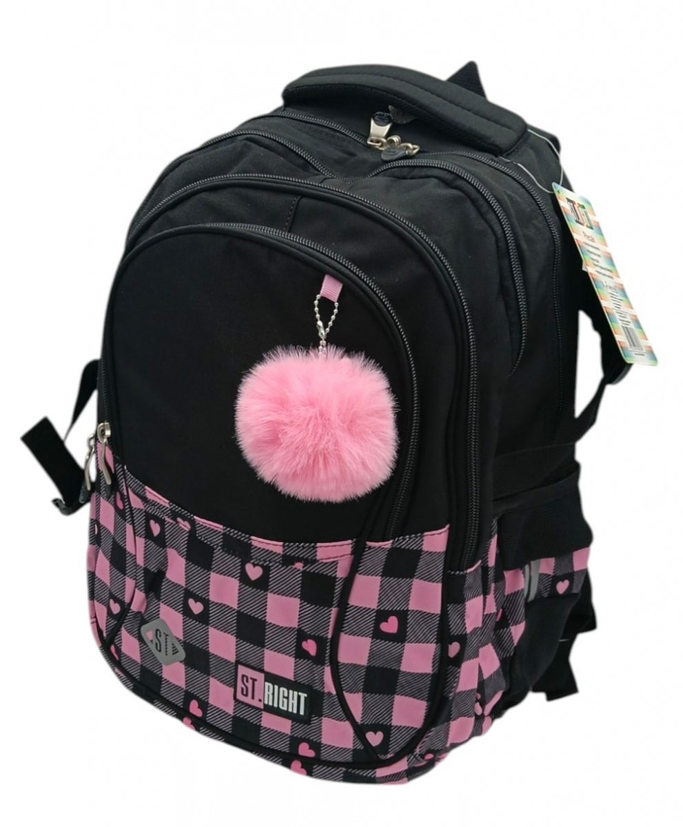 School Backpack Black Pink Checkered Checkerboard Grating St.Right BP-01
