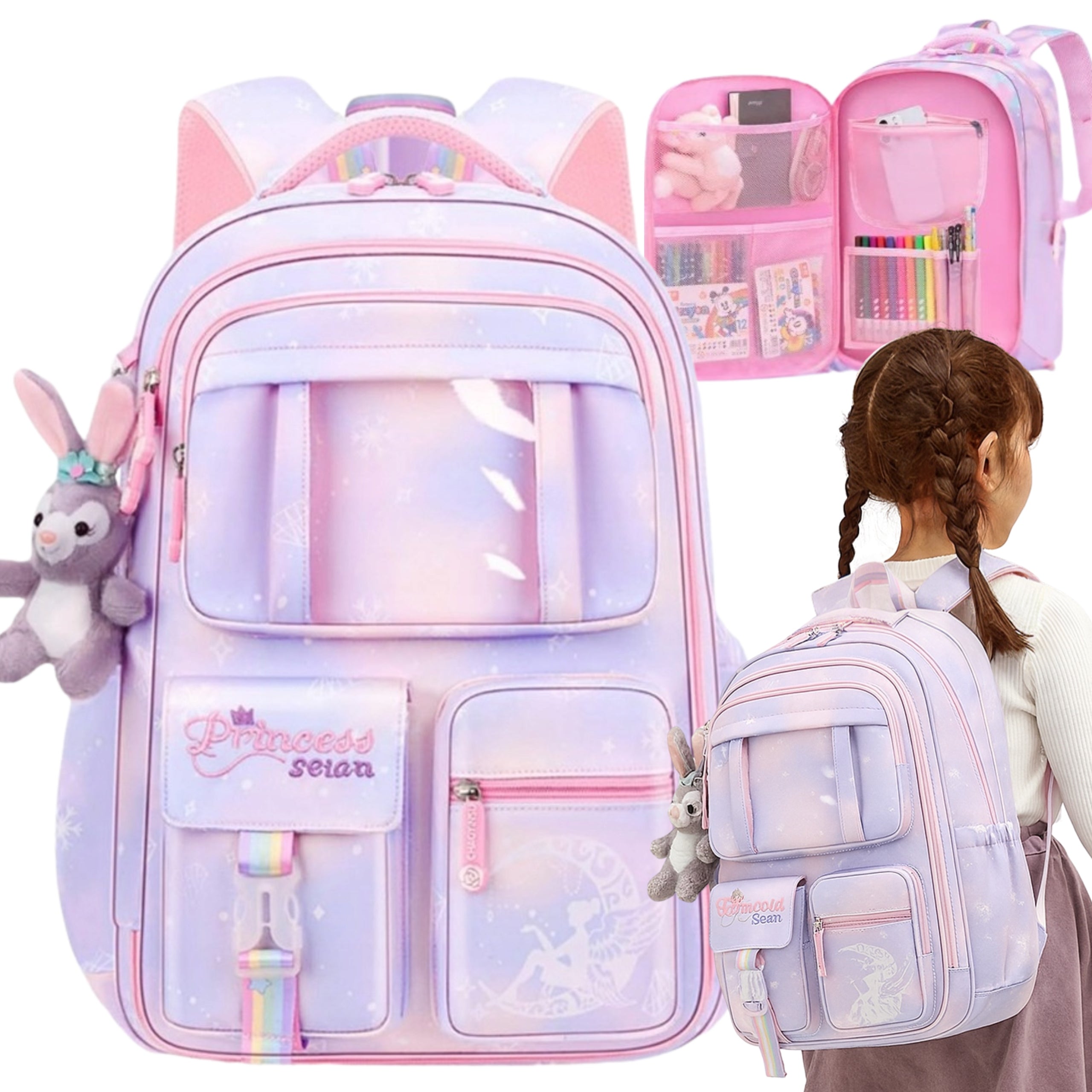 School Backpack For Girls Schoolbag Multi-Chamber Rainbow With Mascot