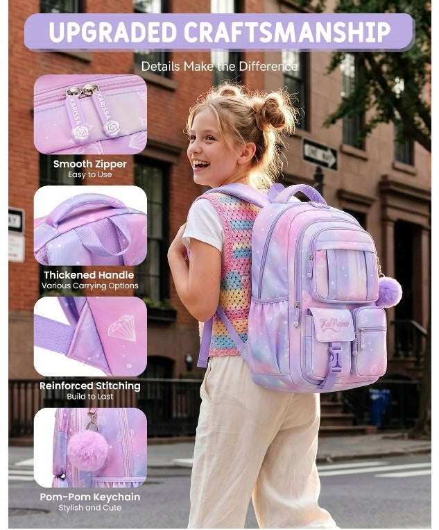 School Backpack Girls Lightweight Waterproof 44cm Lilac Brand no brand