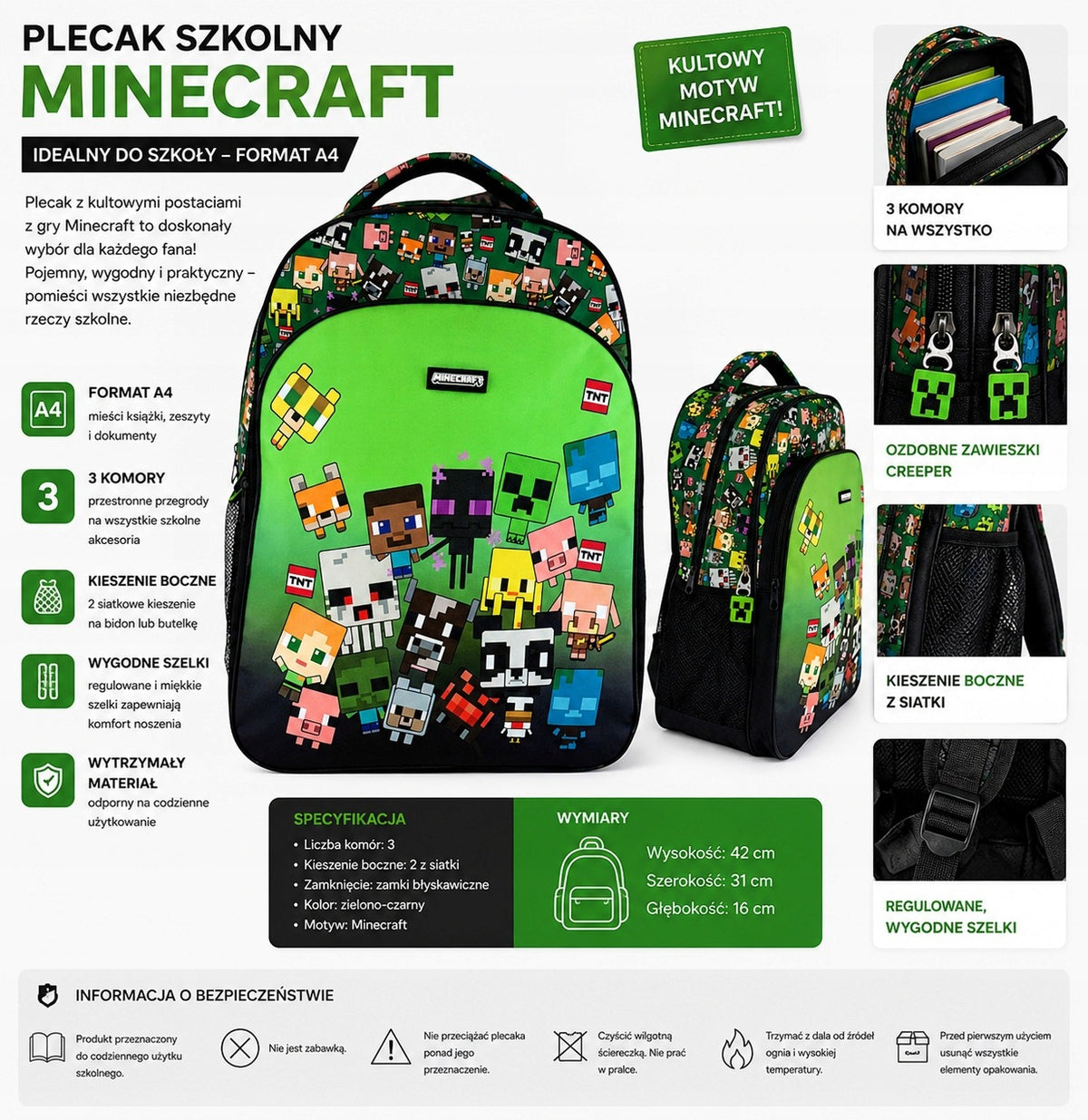 School Backpack Minecraft characters A4 Three-chamber 42x31x16cm Brand no brand