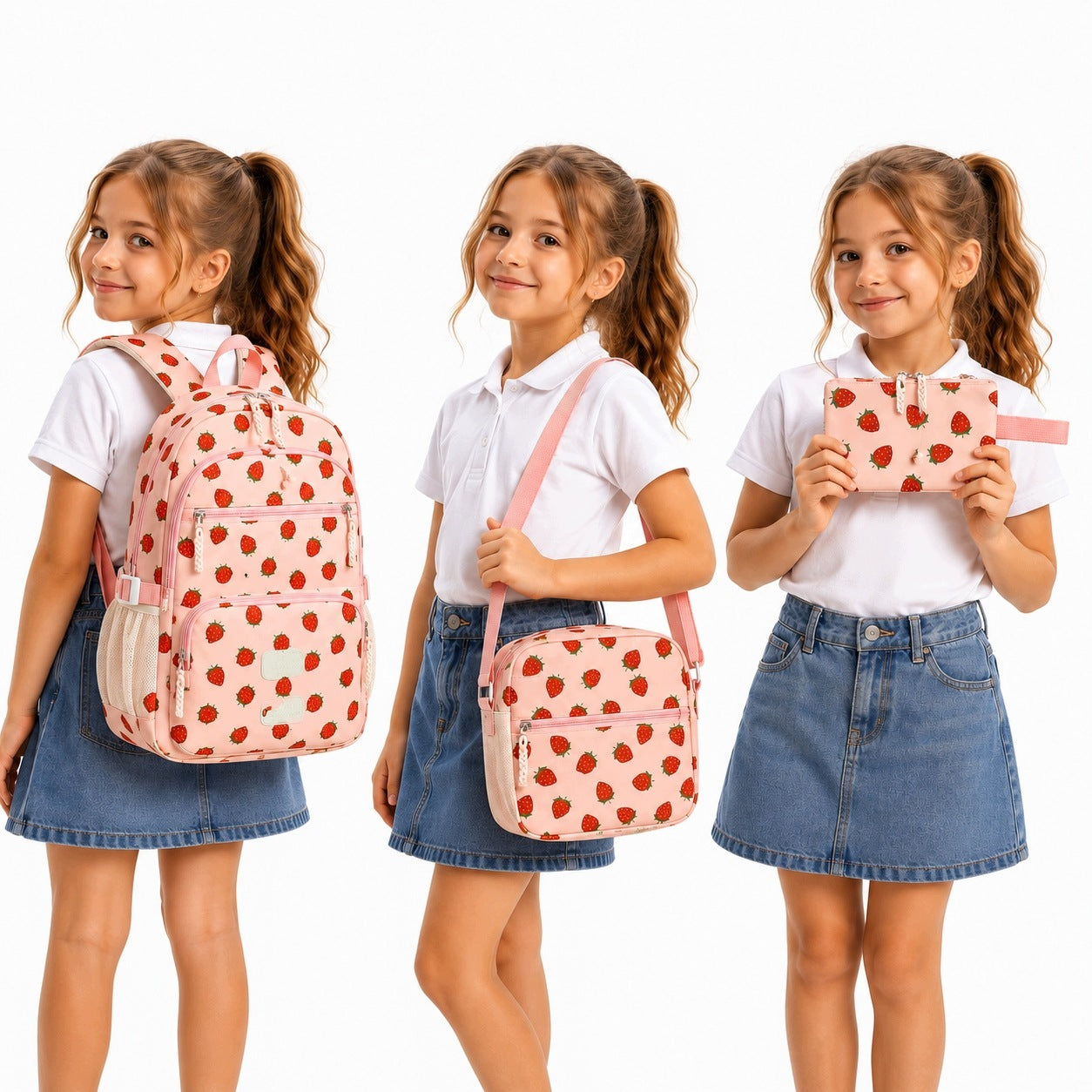 School Backpack Pink Strawberries for Girls Set Pencil Case Breakfast Brand Loftek