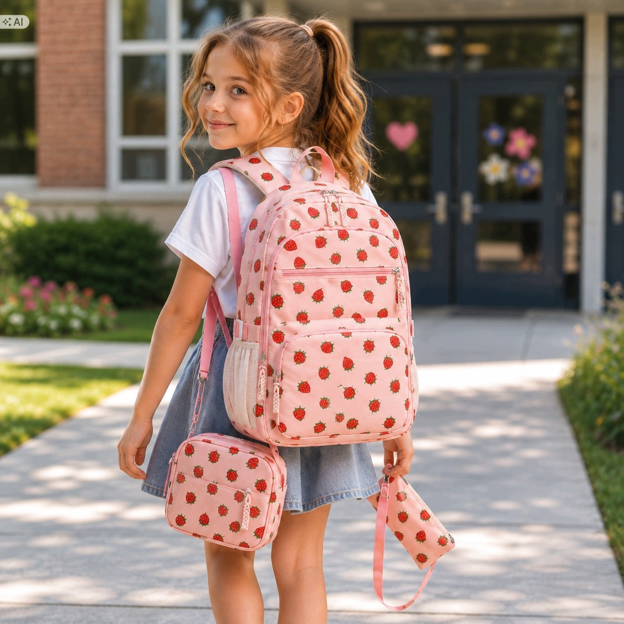 School Backpack Pink Strawberries for Girls Set Pencil Case Breakfast Packaging status original