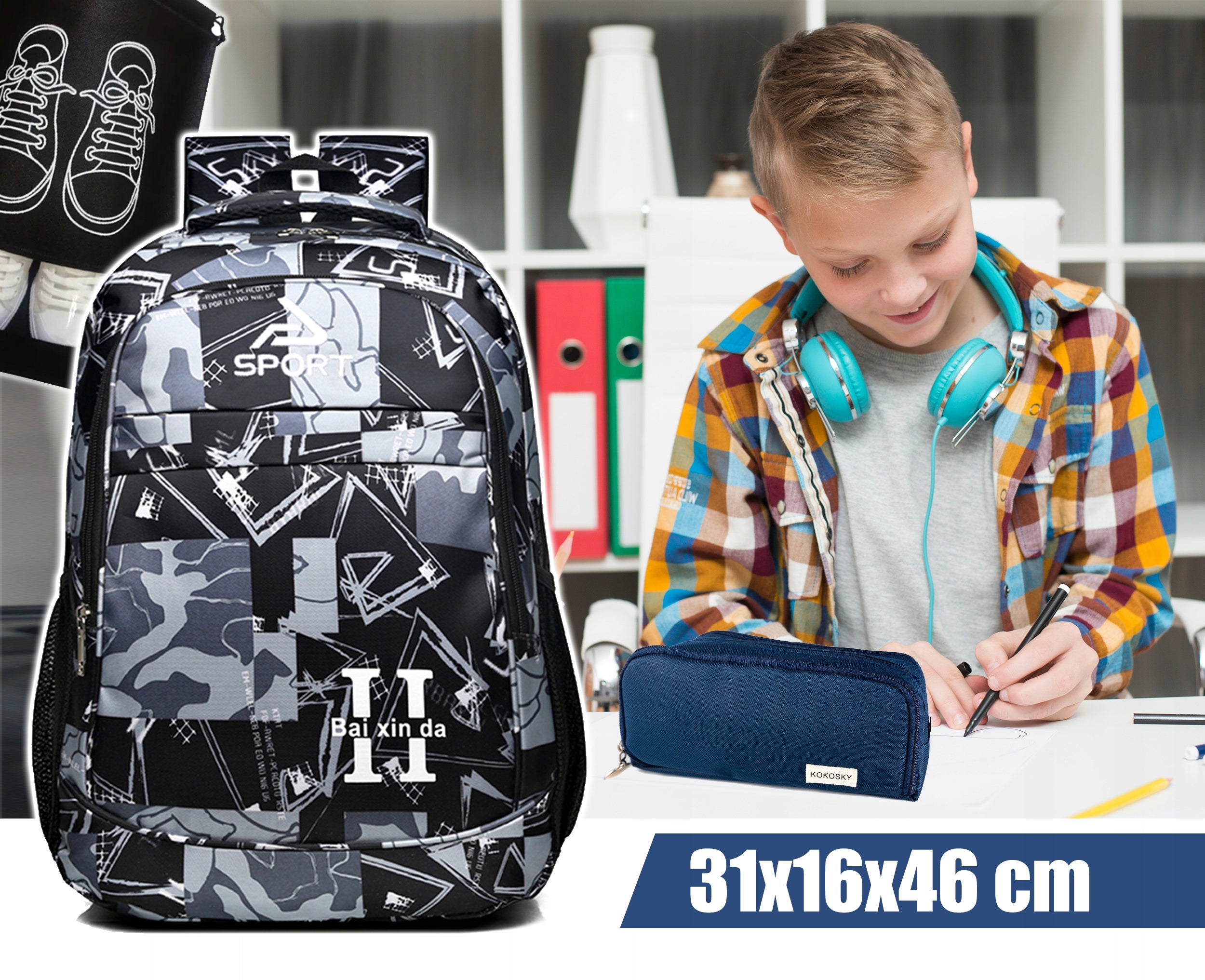 School Backpack Satchel Organizer Strong Spacious + Shoe Bag + Pencil Case Brand Gotel