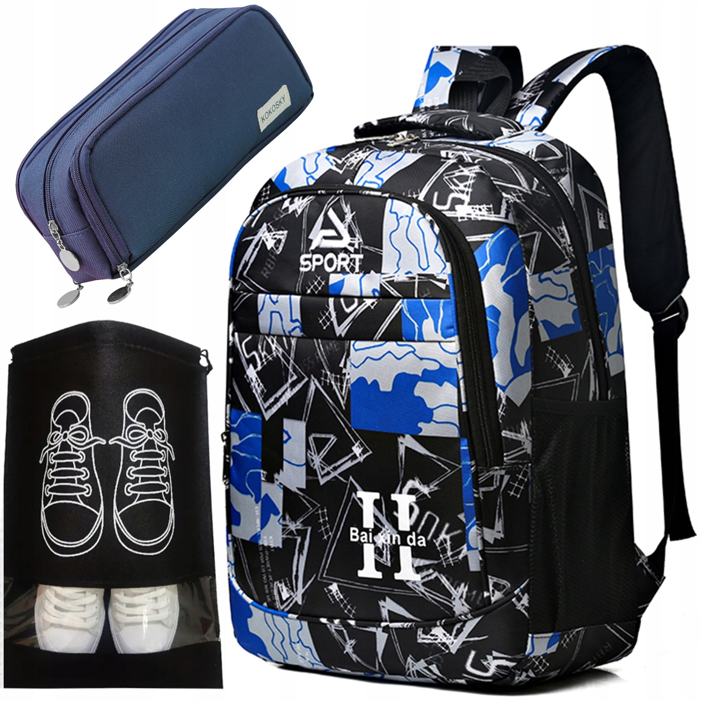 School Backpack Satchel Organizer Strong Spacious + Shoe Bag + Pencil Case Type multi compartment
