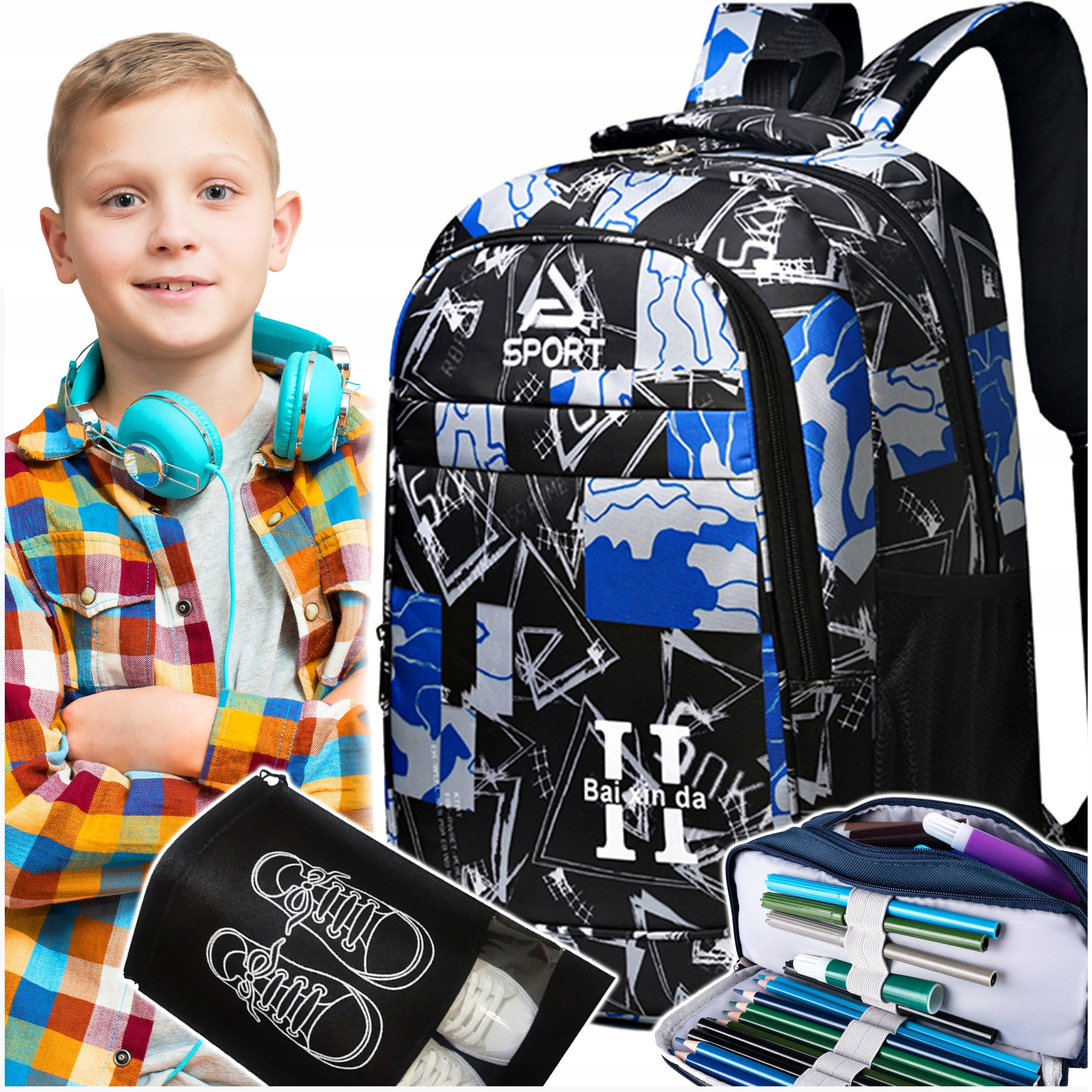 School Backpack Satchel Organizer Strong Spacious + Shoe Bag + Pencil Case