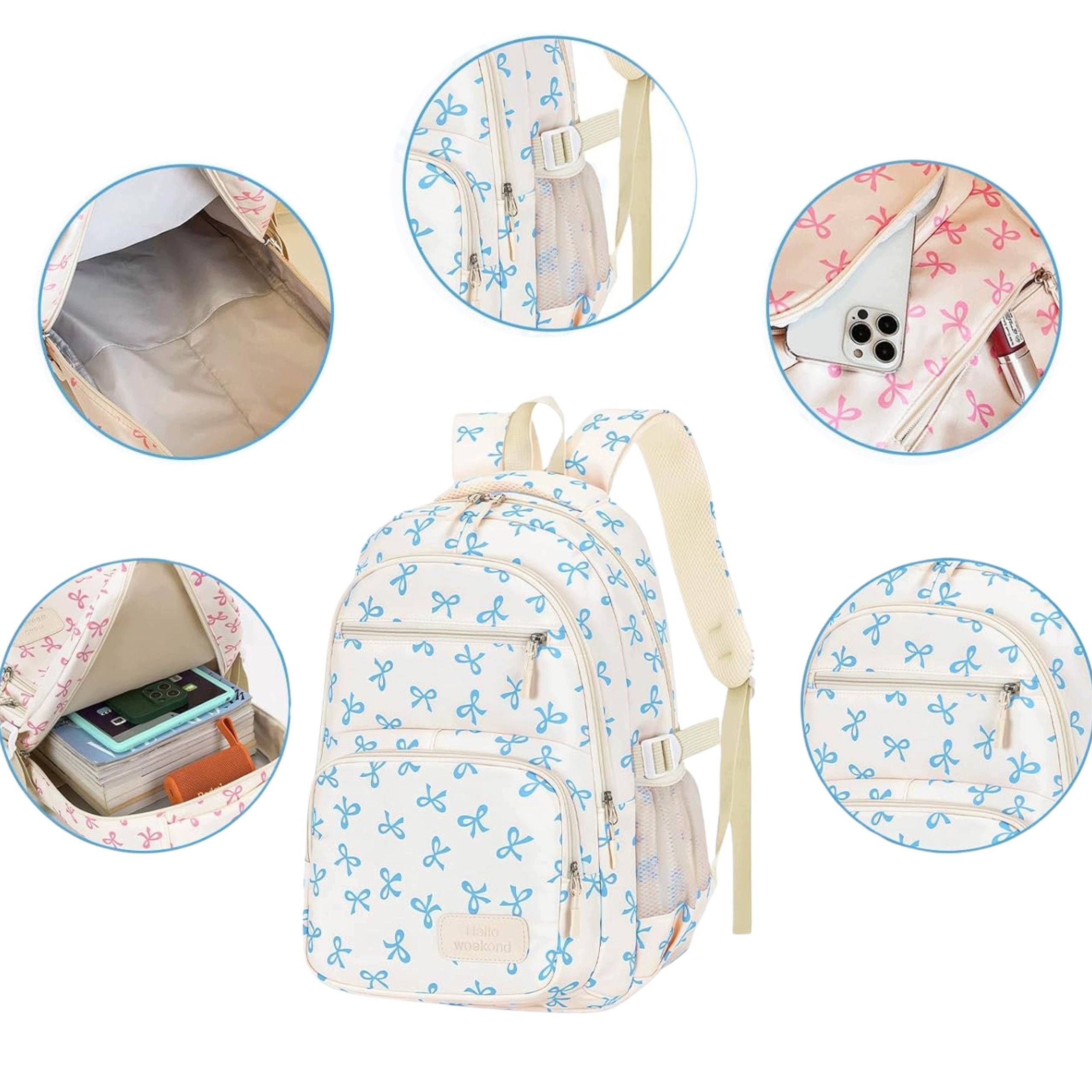 School Backpack Set 3in1 Bag Sachet For Girls White Bows Manufacturer code Plecak zestaw w niebieskie kokardki 3w1
