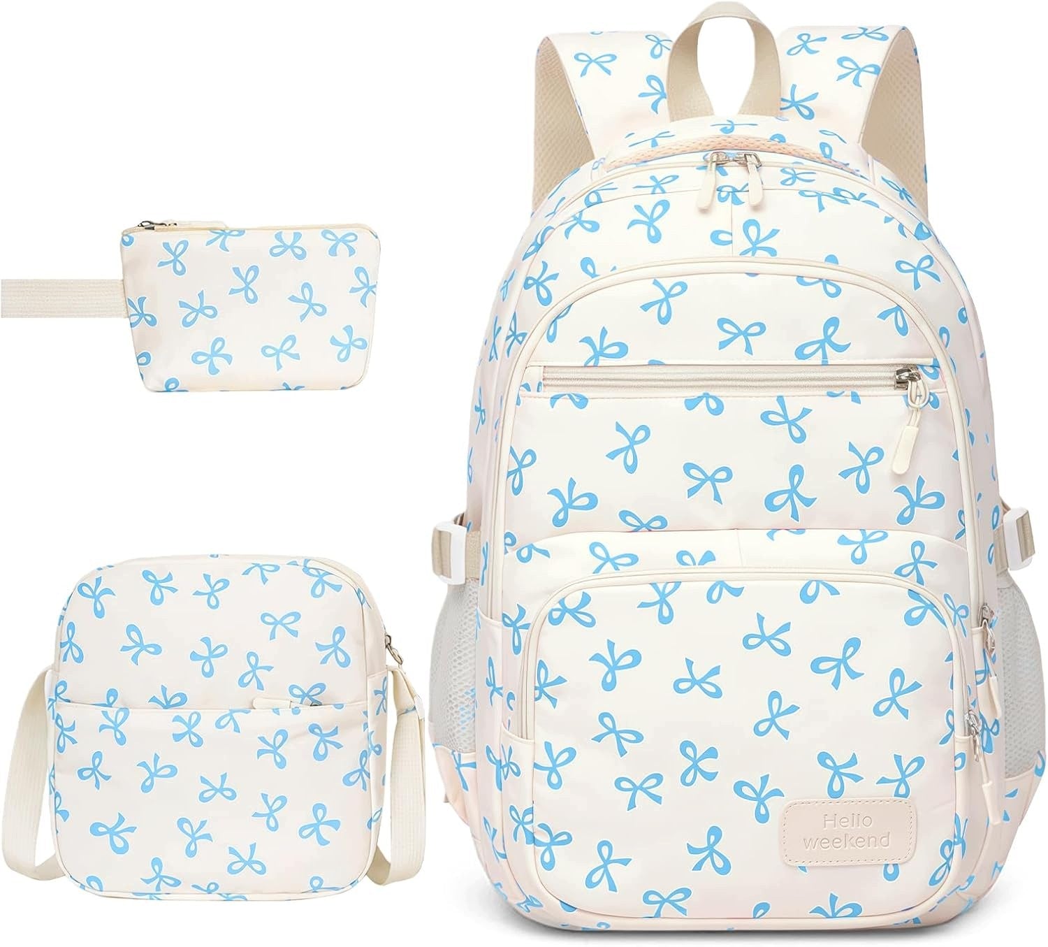 School Backpack Set 3in1 Bag Sachet For Girls White Bows