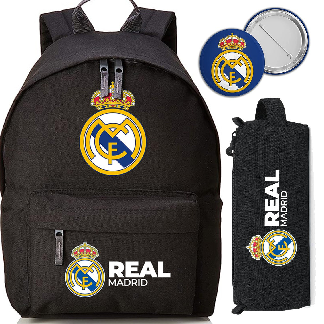 School Backpack Set + Pencil Case + Pin REAL MADRID For School Gift Wz