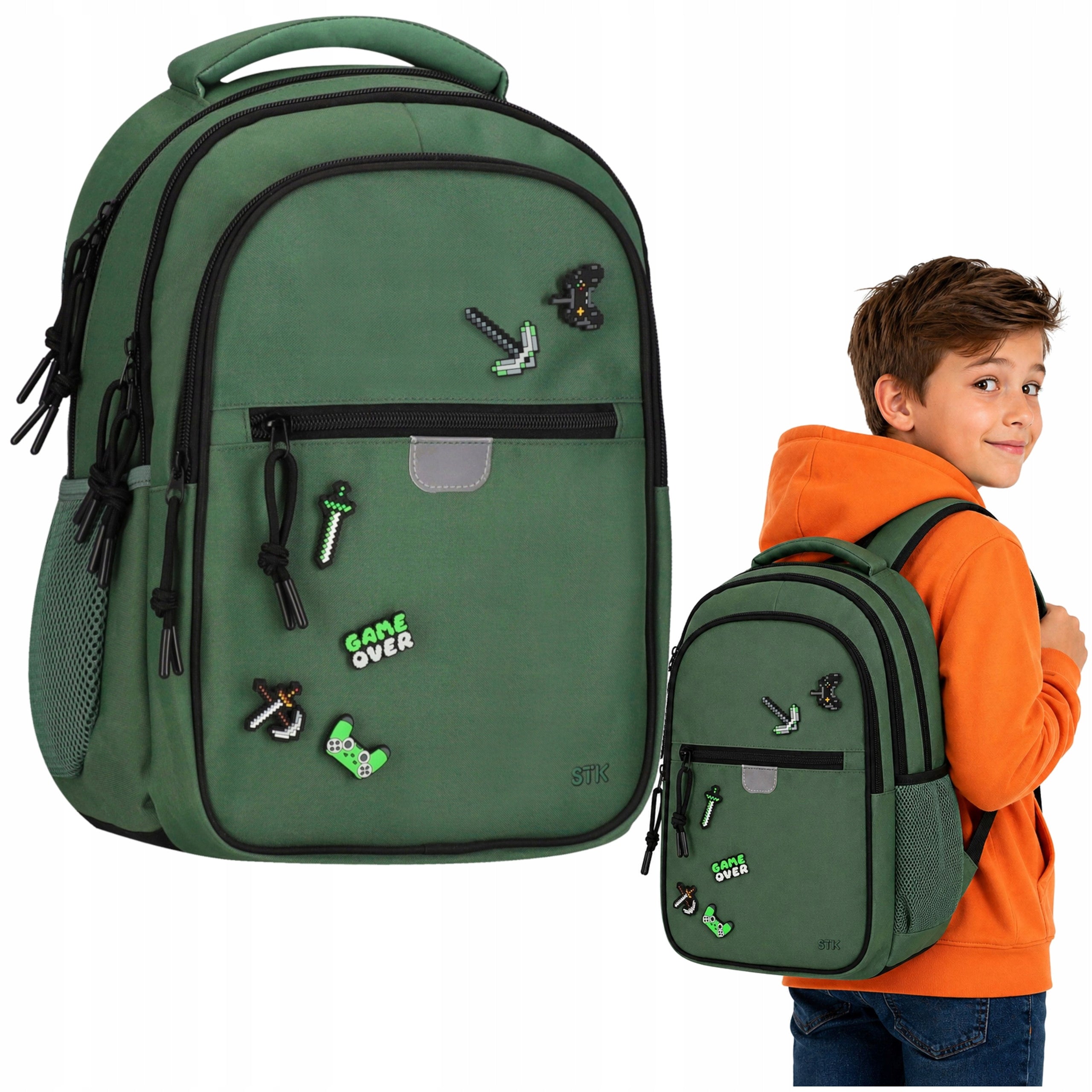 School Backpack Youth Class 3+ For Boys Multi-Chamber Pins Green