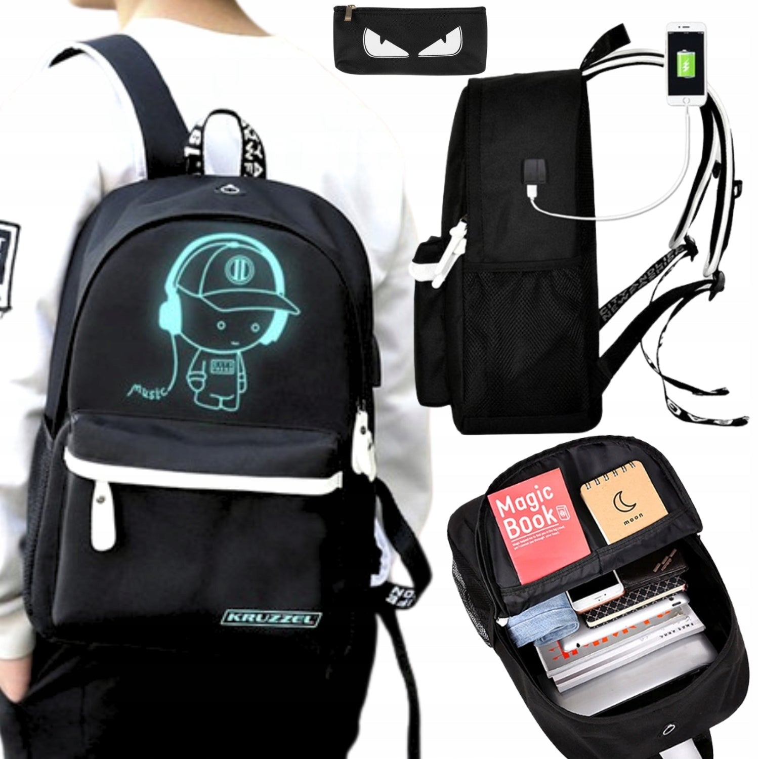 School Backpack Youth Reflectors USB Pencil Case for Boy Girl