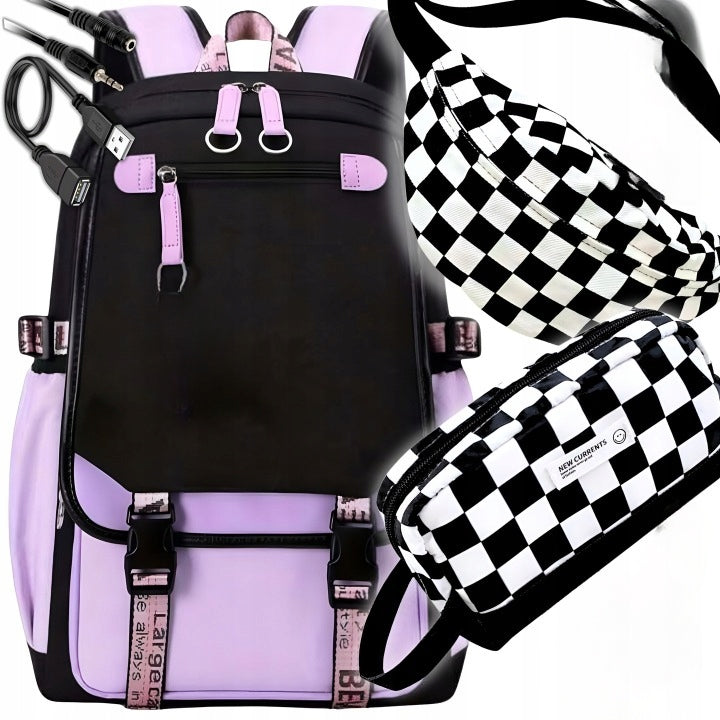 School Backpack Youth Satchel Multi-Chamber Pencil Case Bum Bag USB Set