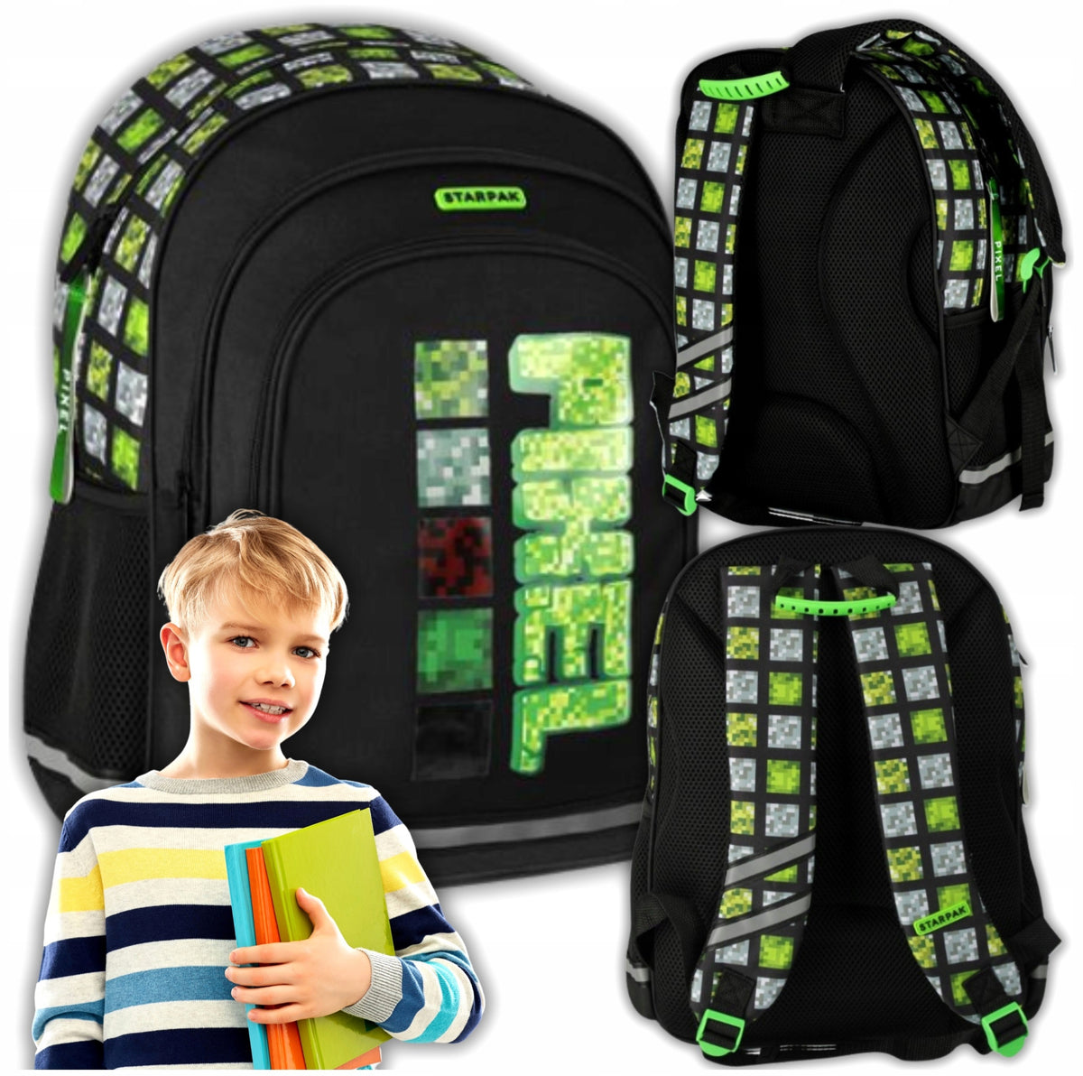 School Backpack Youth Satchel Pixel for boy 1-3 class large