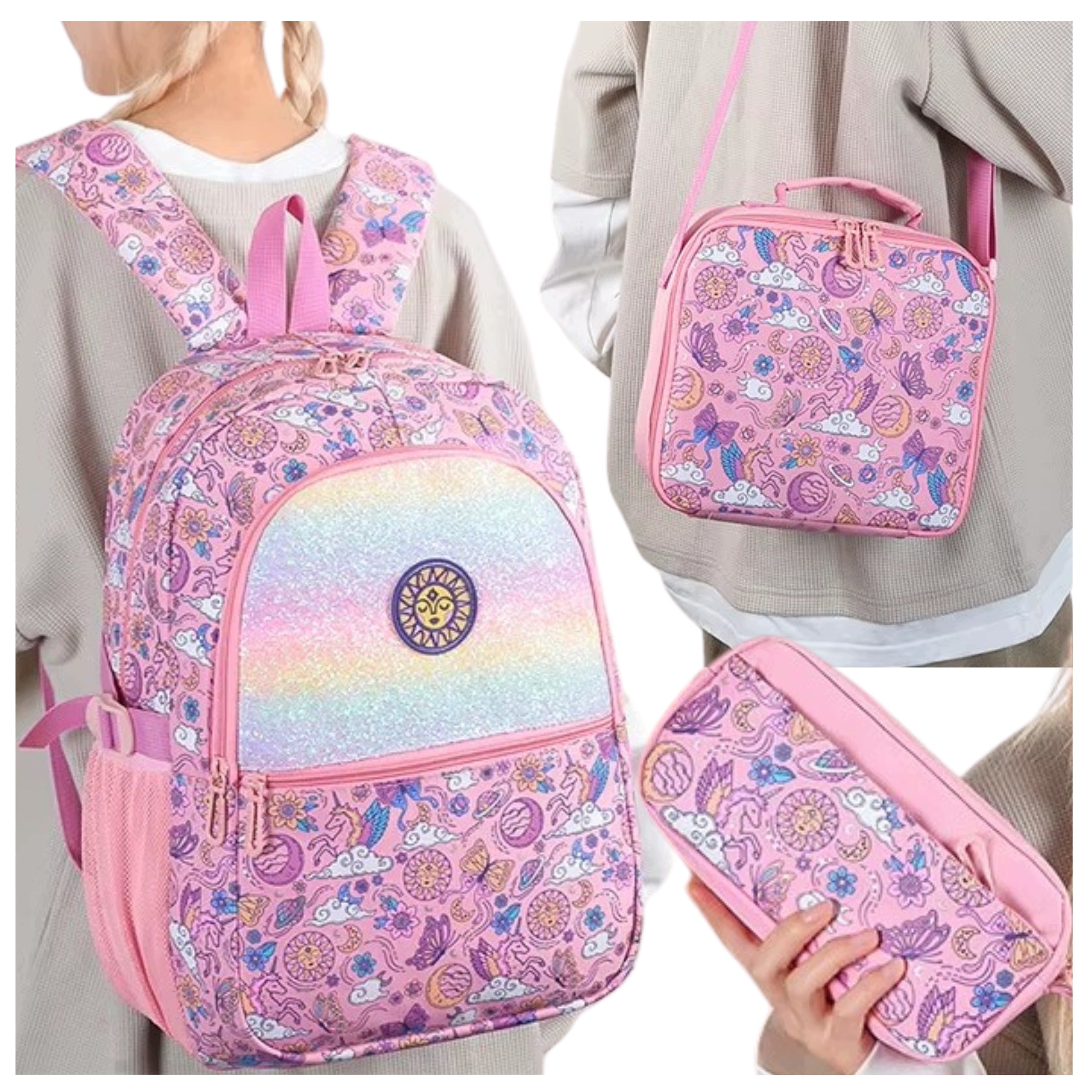 School Backpack for Girls Set of 3in1 Pencil Case Breakfast RAINBOW