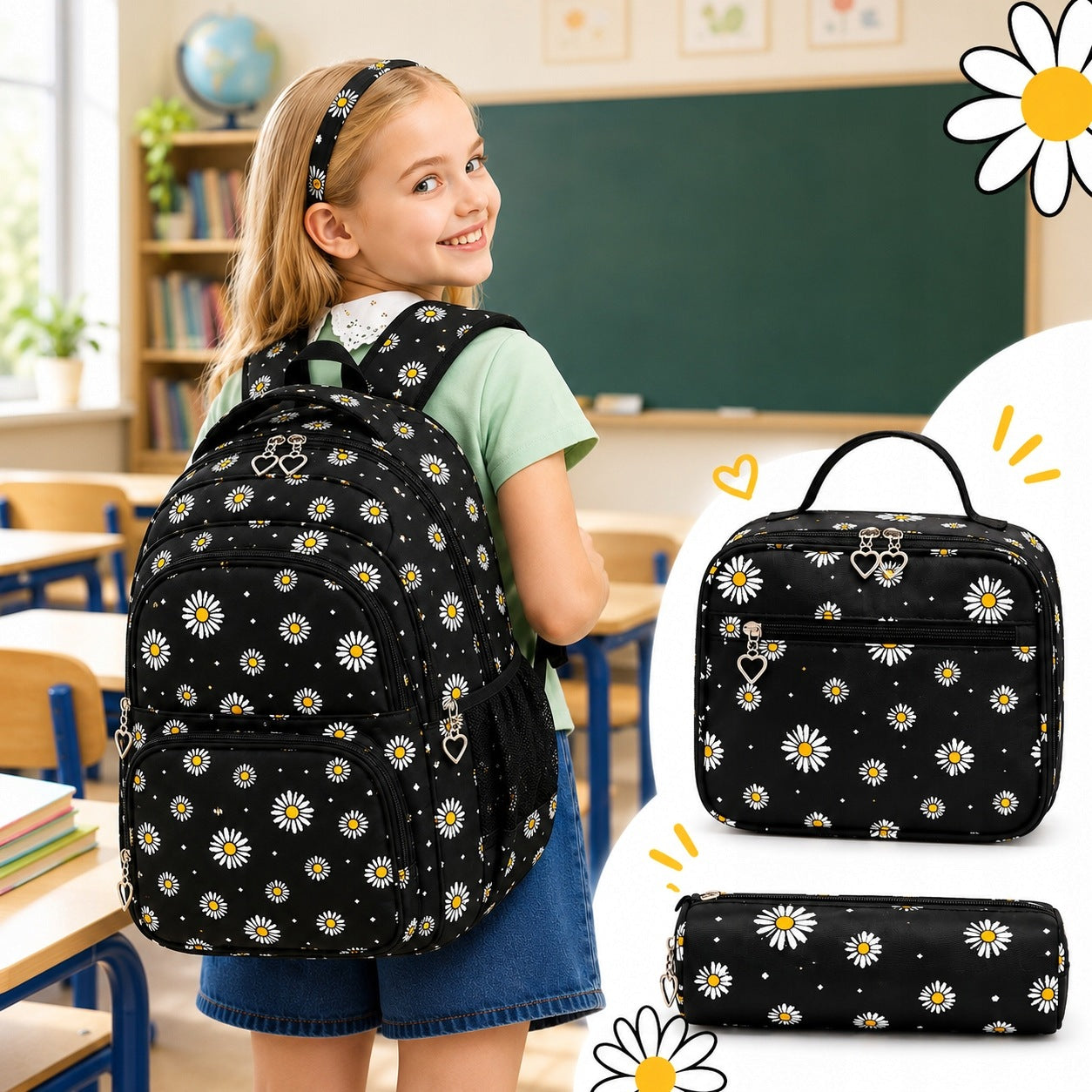 School Backpack for Girls in Daisies Set of 3in1 Pencil Case Breakfast Brand Loftek