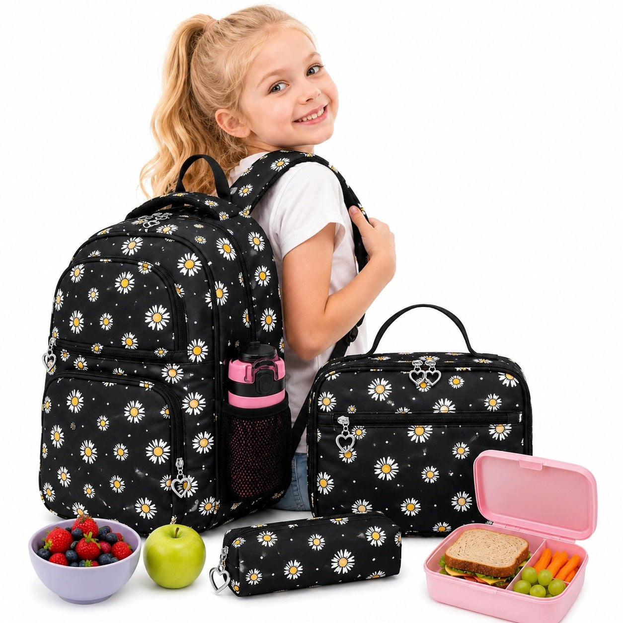School Backpack for Girls in Daisies Set of 3in1 Pencil Case Breakfast Packaging status original