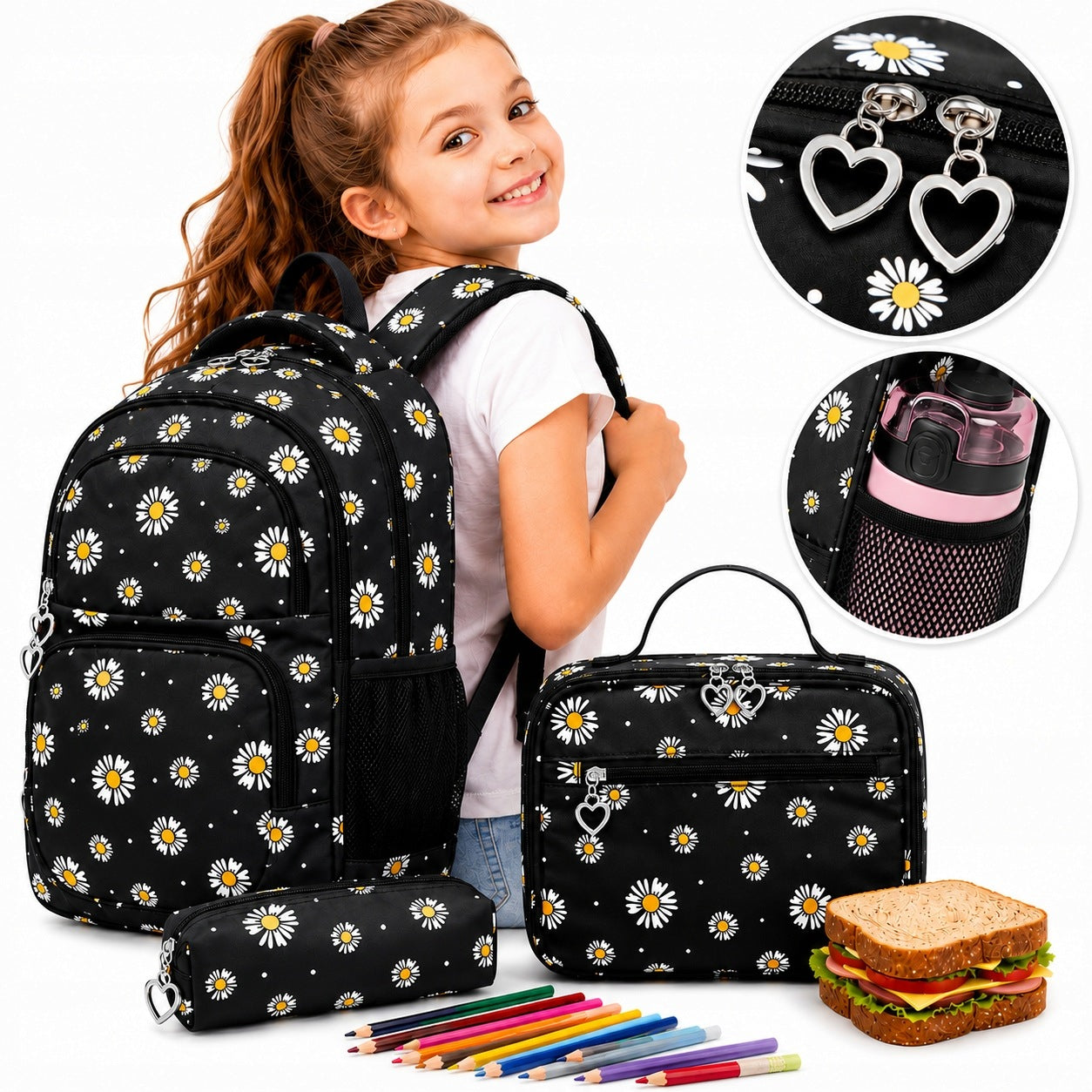 School Backpack for Girls in Daisies Set of 3in1 Pencil Case Breakfast Packaging status original