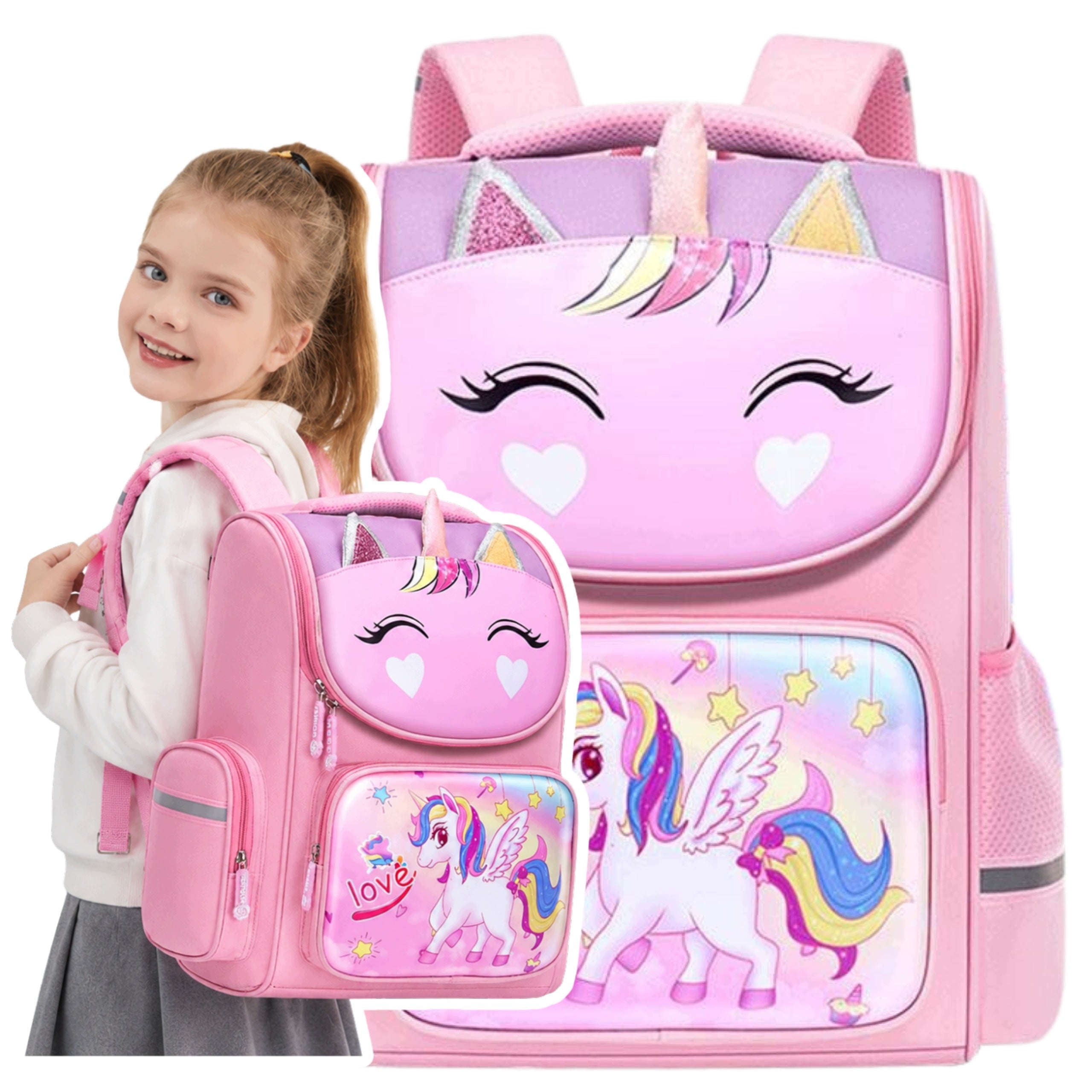 School Backpack for Girls pink for Class 1 3 Unicorn Pony colors