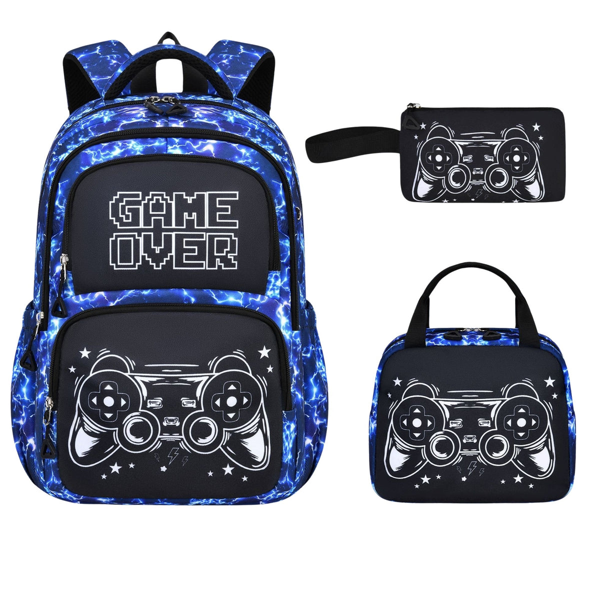 School Backpack for Player 3in1 Game Over Pencil Case Thermal Bag Blue