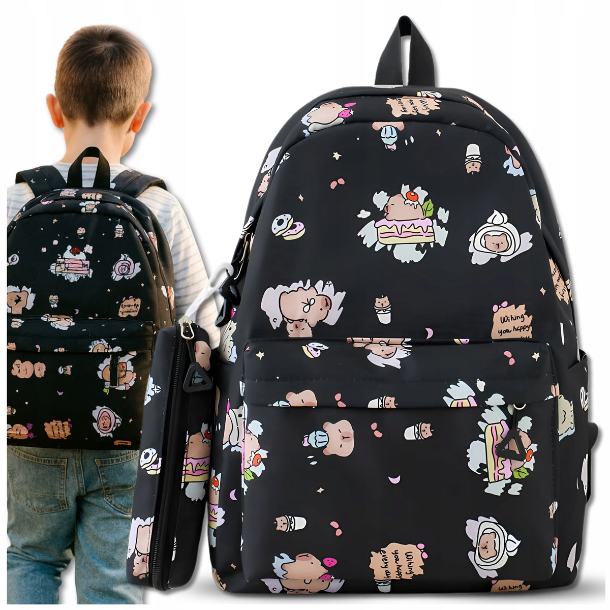 School Backpack with Pencil Case for Children Youth Spacious Capybara For School Manufacturer code PLECAK SZKOLNY 2W1 PIÓRNIK CZARNY Z KAPIBARĄ
