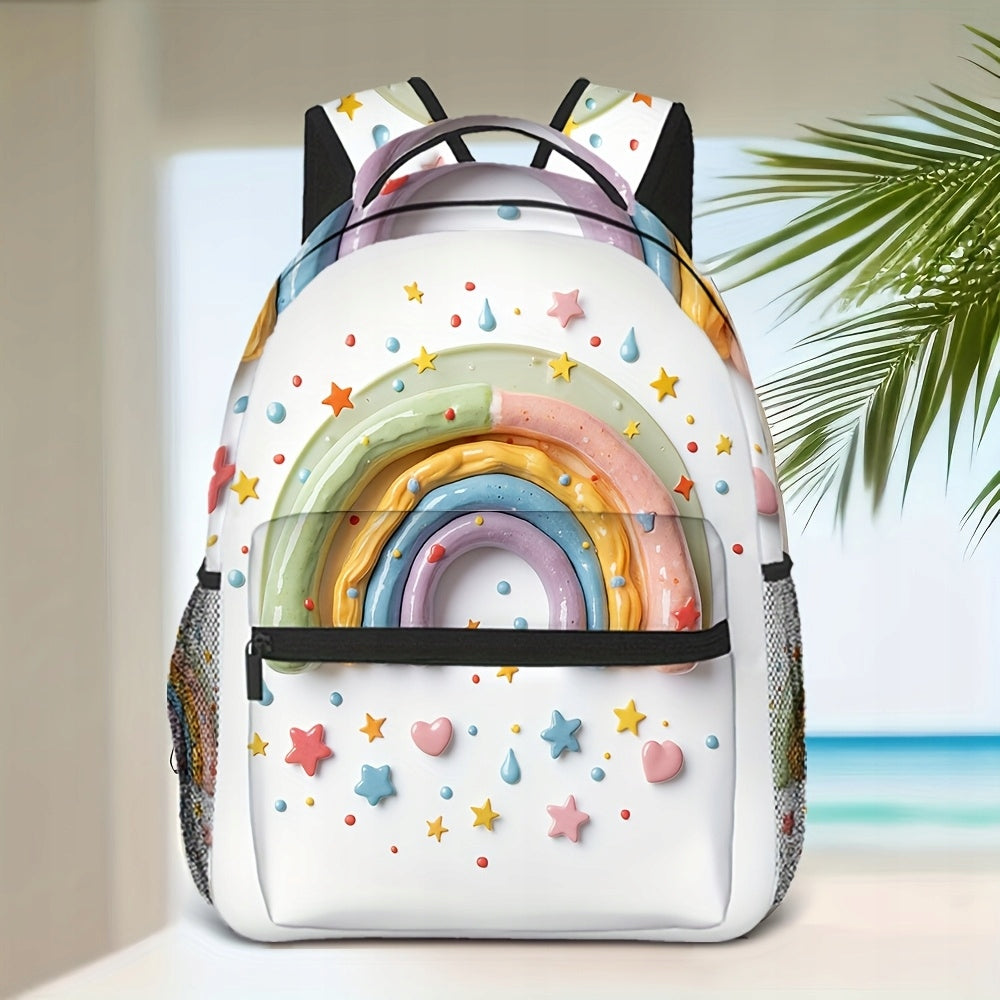School College Travel Backpack - White with Rainbow Stars