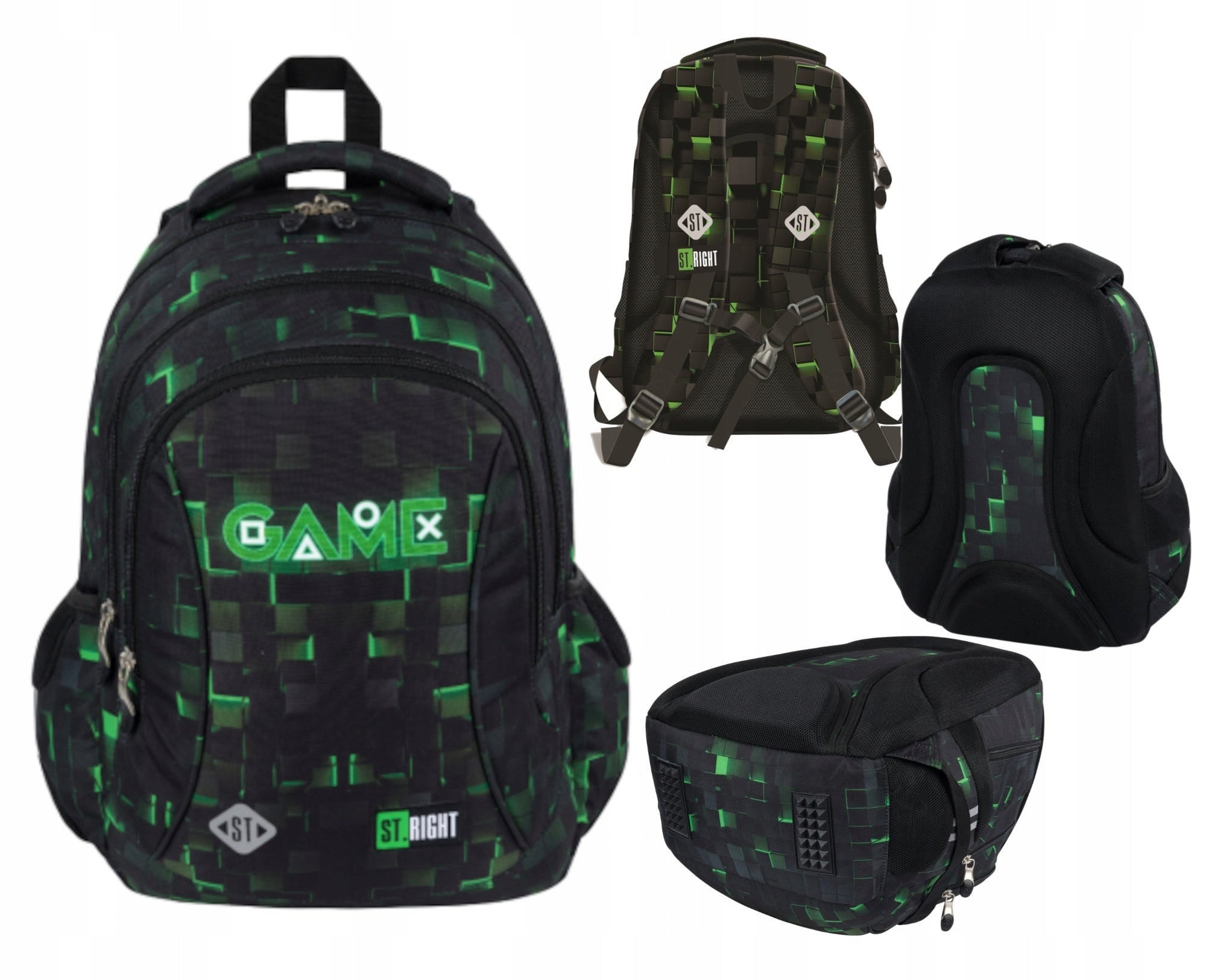 School backpack 3 compartments Green Game ST.RIGHT