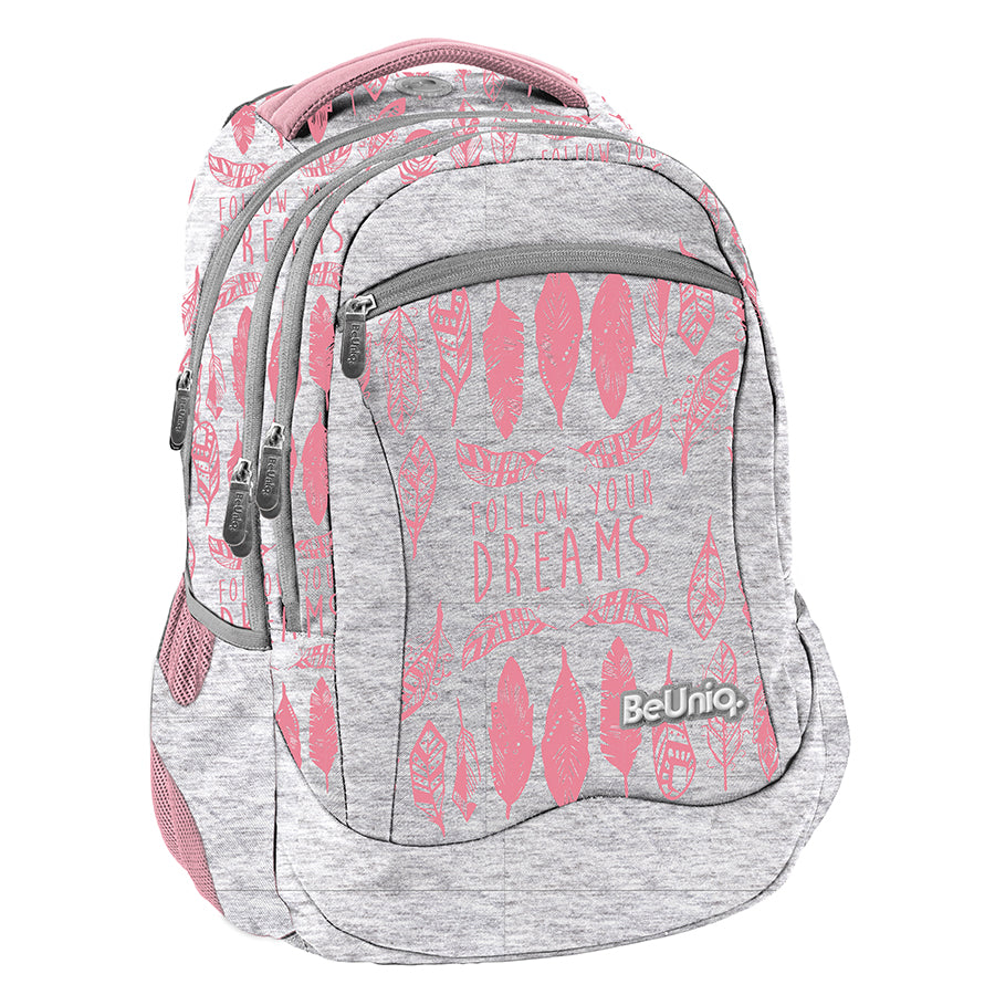 School backpack BeUniq boho youth feathers for girls grey pink