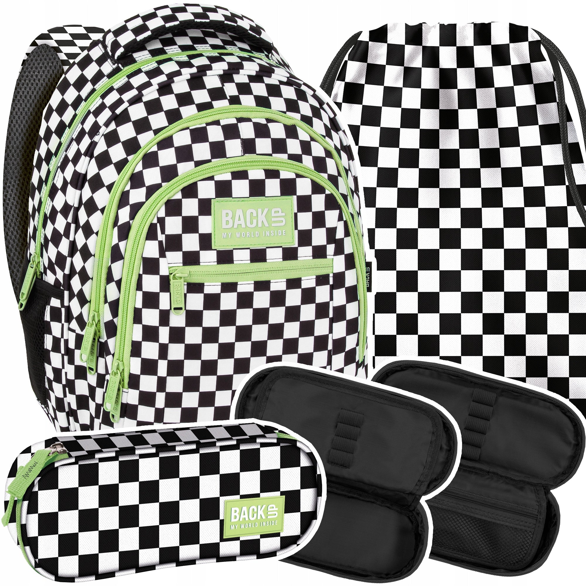 School backpack GIRL BOYFRIEND BackUP CHESSBOARD GREEN BLACK AND WHITE