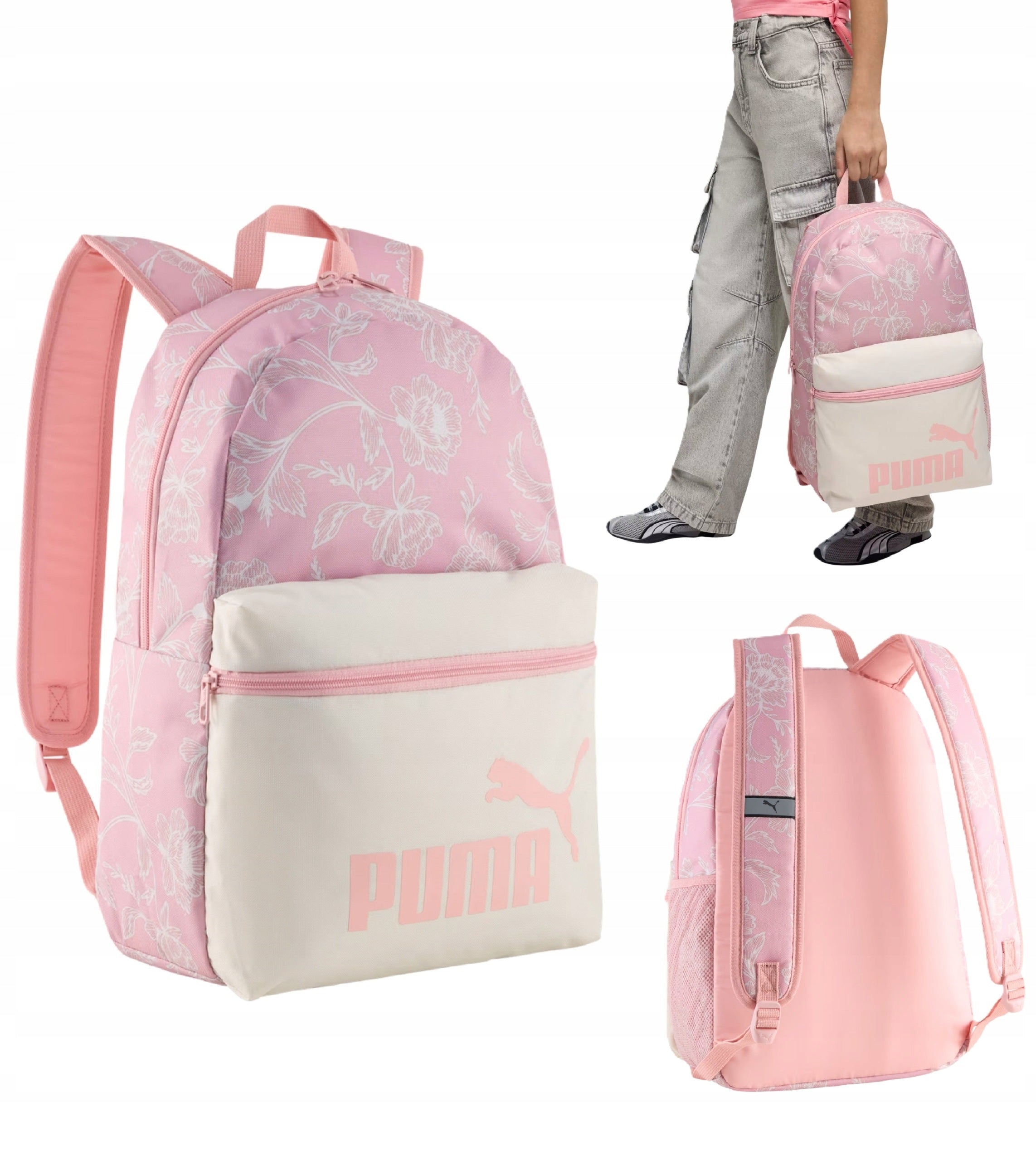 School backpack Puma youth pink flowers for girls + lesson plan
