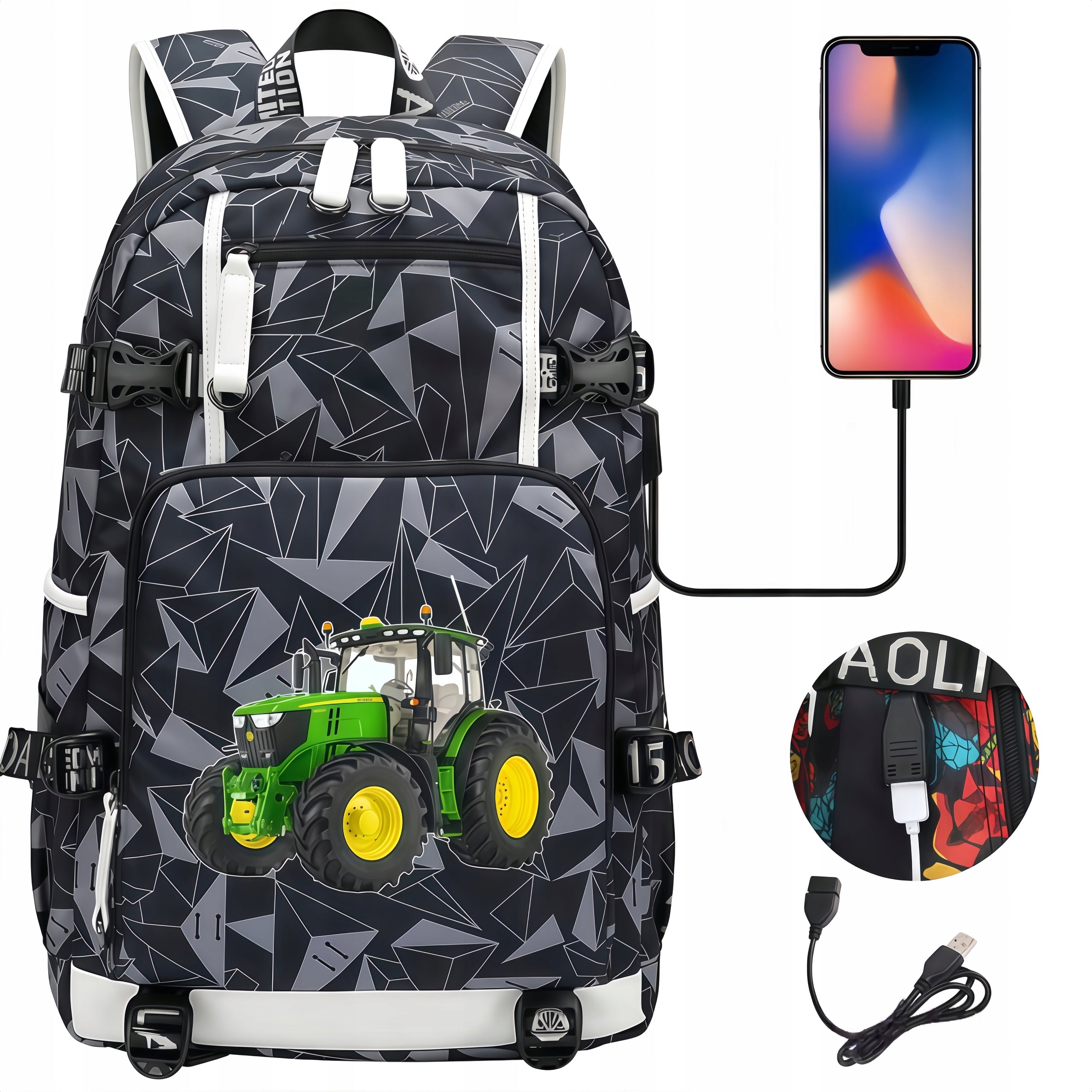 School backpack Tractor pattern satchel roomy for boy 4-8 class