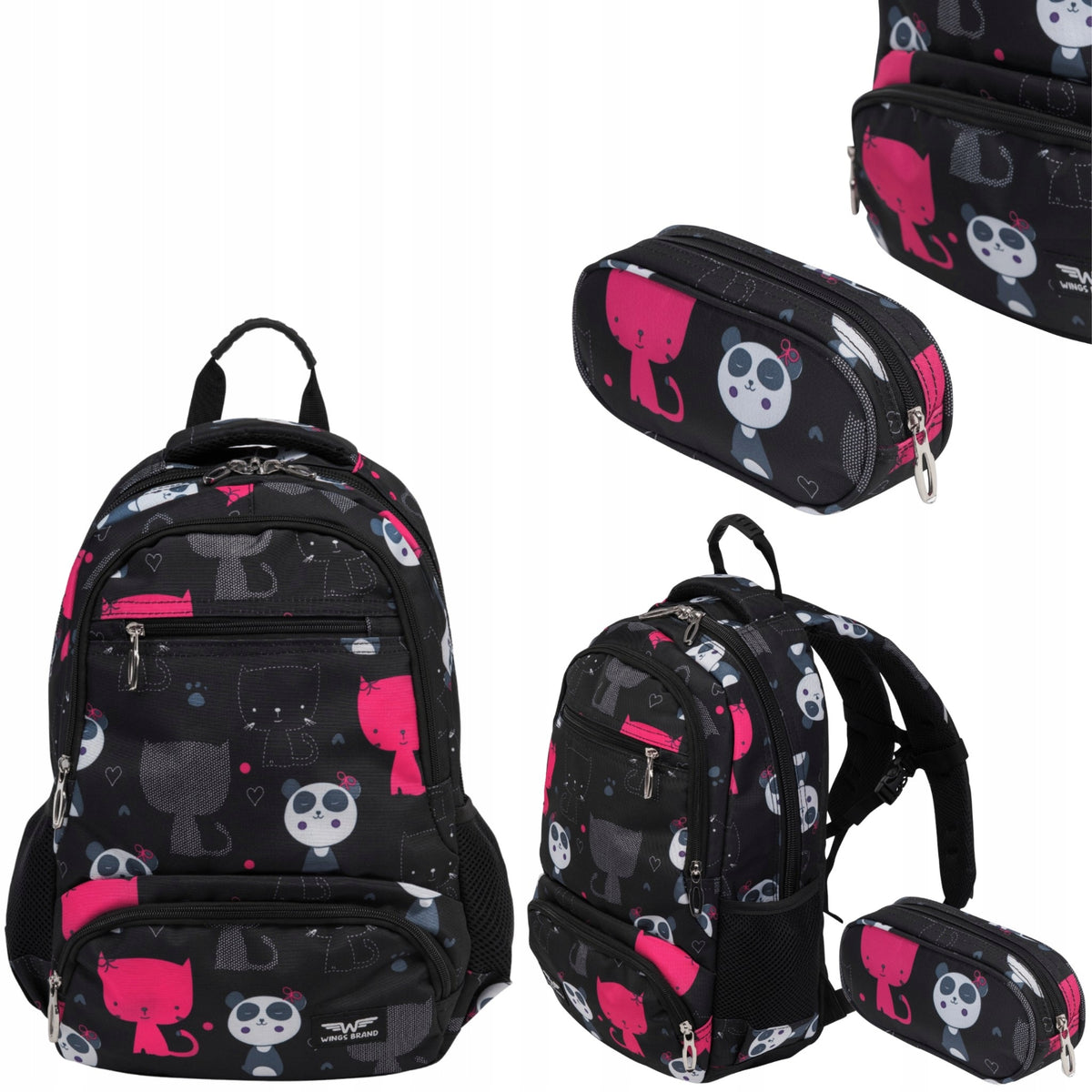 School backpack WINGS children's 19L with pencil case panda kittens for school light